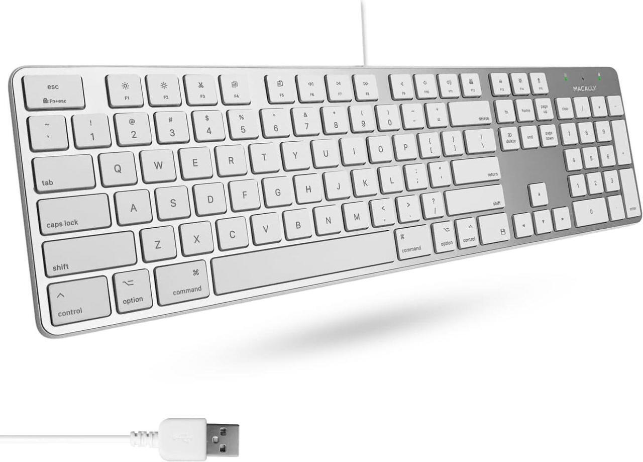 Main image of Macally Ultra-Slim USB Wired Keyboard with Number Keypad for Apple Mac Pro, MacBook Pro/Air, iMac, Mac Mini, Laptop Computers, Windows Desktop PC Laptops, Silver (SLIMKEYPROA)