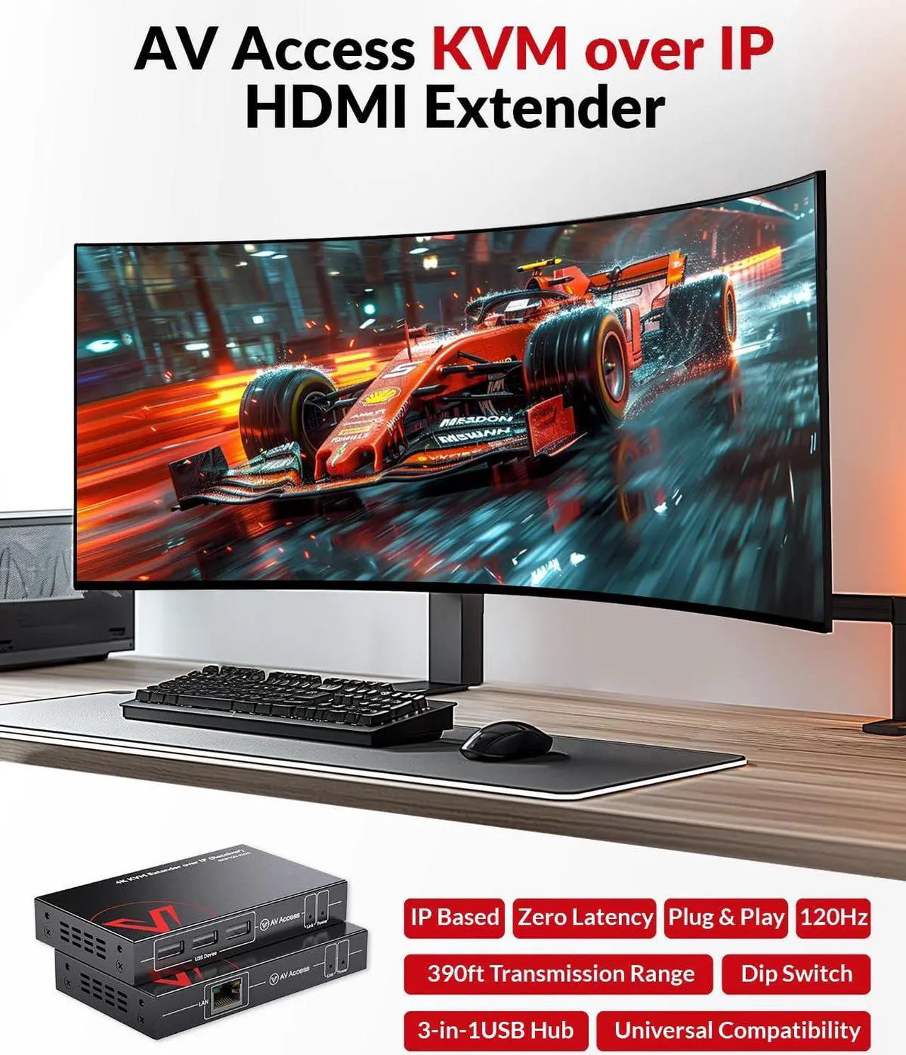 Alt view image 3 of 7 - AV Access 4K HDMI USB KVM Extender TCP/IP Over Single Cat5e/6/6a/7 up to 390ft Bundle with 4K Fiber Optic KVM Extender Over IP up to 1800ft