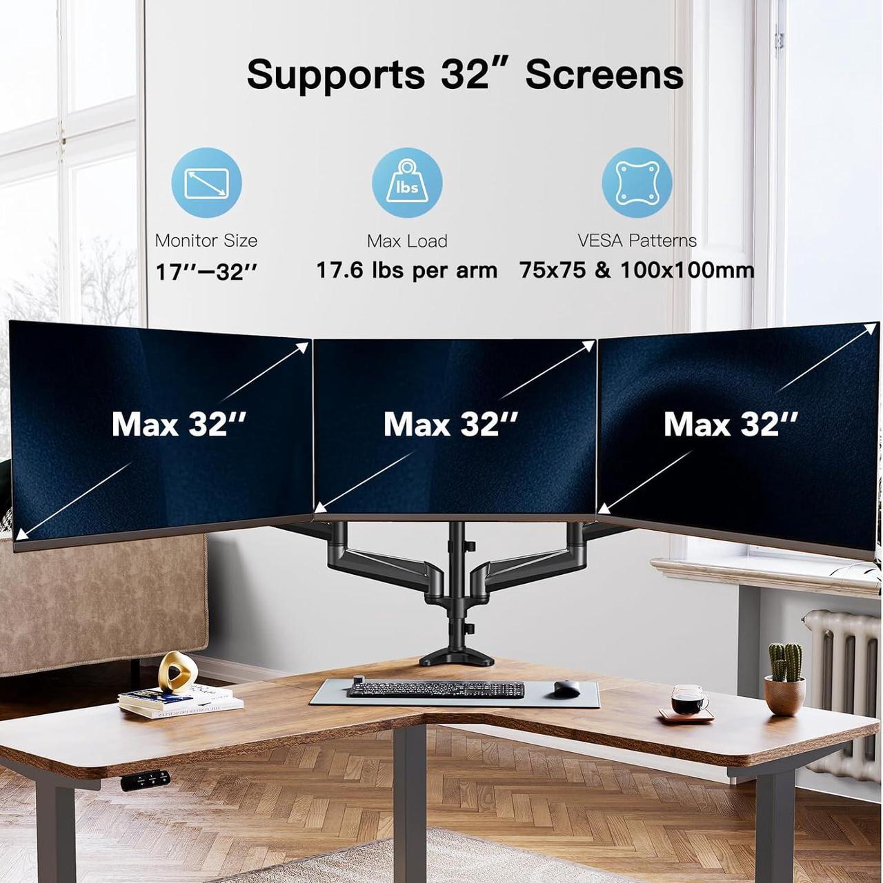 Alt view image 2 of 7 - HUANUO Triple Monitor Mount for 17 to 32 inch Screens, Gas Spring Adjustment Triple Monitor Stand with Swivel, Tilt, Rotation, Clamp & Grommet Kit (Black)