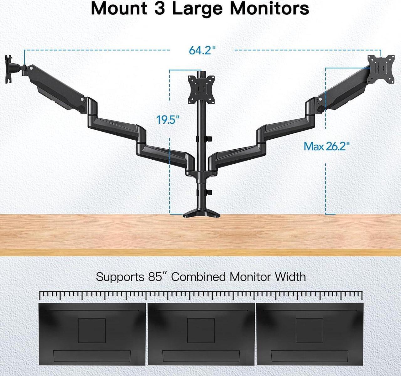 Alt view image 3 of 7 - HUANUO Triple Monitor Mount for 17 to 32 inch Screens, Gas Spring Adjustment Triple Monitor Stand with Swivel, Tilt, Rotation, Clamp & Grommet Kit (Black)