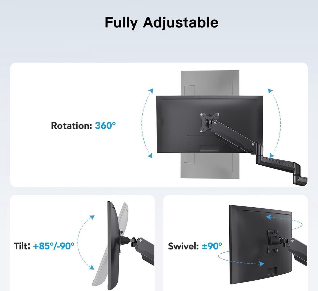 Alt view image 4 of 7 - HUANUO Triple Monitor Mount for 17 to 32 inch Screens, Gas Spring Adjustment Triple Monitor Stand with Swivel, Tilt, Rotation, Clamp & Grommet Kit (Black)