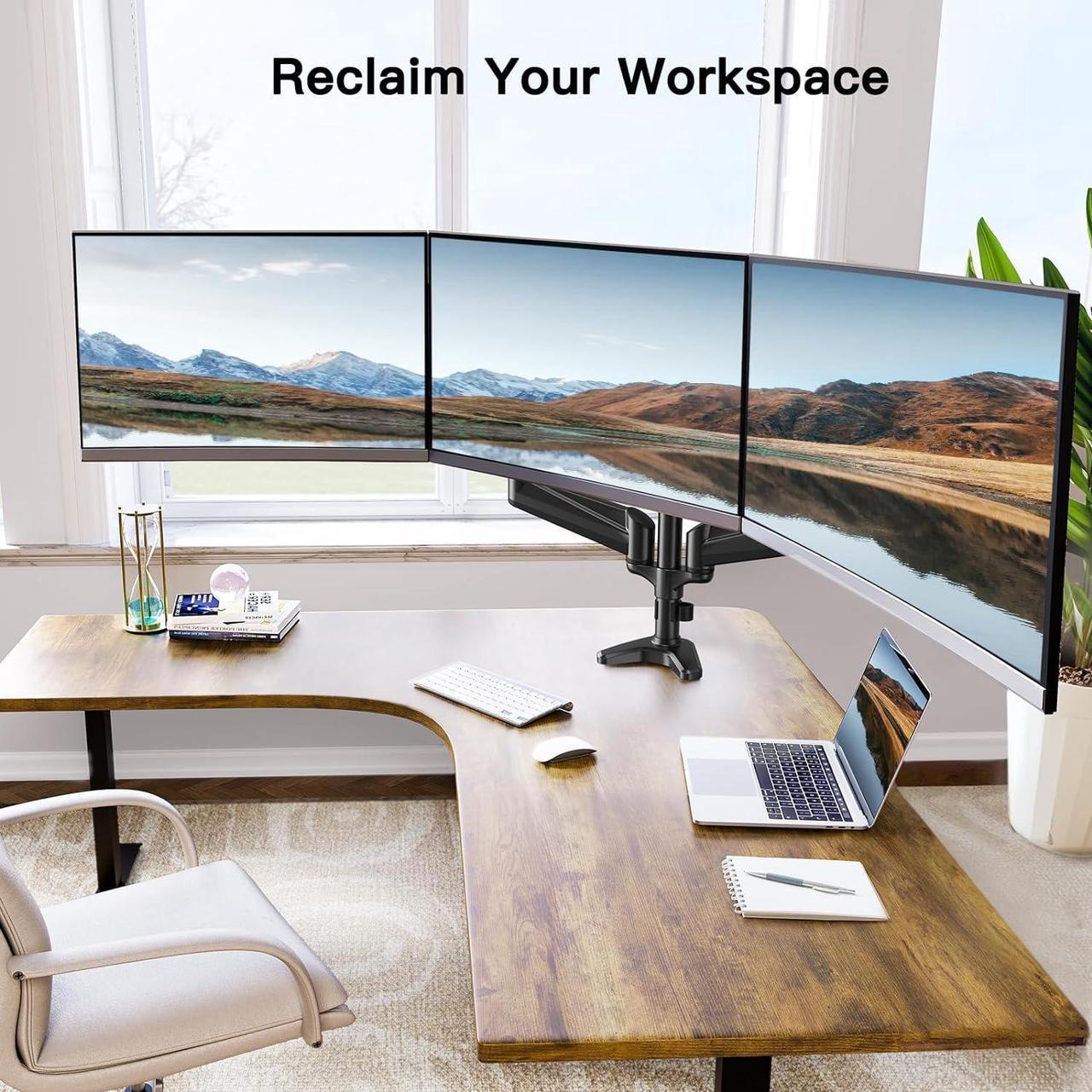 Alt view image 6 of 7 - HUANUO Triple Monitor Mount for 17 to 32 inch Screens, Gas Spring Adjustment Triple Monitor Stand with Swivel, Tilt, Rotation, Clamp & Grommet Kit (Black)