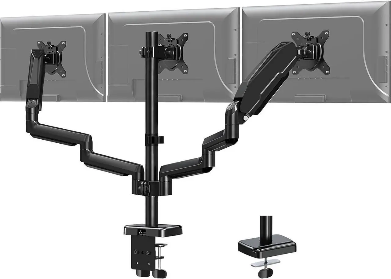 Main image of MOUNT PRO Triple Monitor Desk Mount - Articulating Gas Spring Monitor Arm, Removable with Clamp and Grommet Base - Fits 13 to 27 Inch LCD Computer Monitors, VESA 75x75, 100x100
