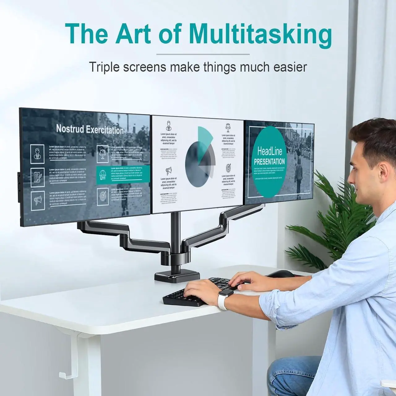 Alt view image 3 of 7 - MOUNT PRO Triple Monitor Desk Mount - Articulating Gas Spring Monitor Arm, Removable with Clamp and Grommet Base - Fits 13 to 27 Inch LCD Computer Monitors, VESA 75x75, 100x100