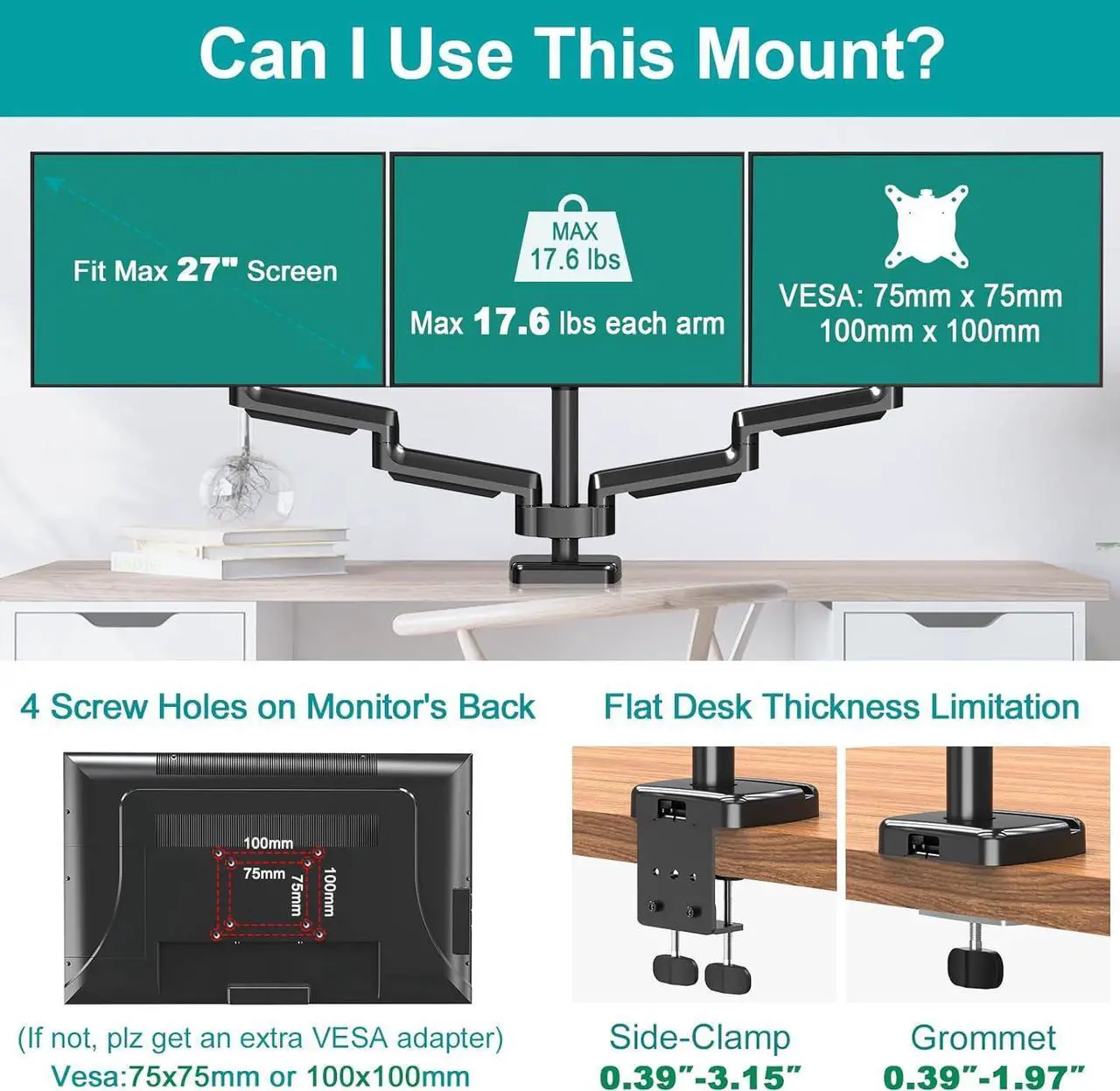 Alt view image 5 of 7 - MOUNT PRO Triple Monitor Desk Mount - Articulating Gas Spring Monitor Arm, Removable with Clamp and Grommet Base - Fits 13 to 27 Inch LCD Computer Monitors, VESA 75x75, 100x100