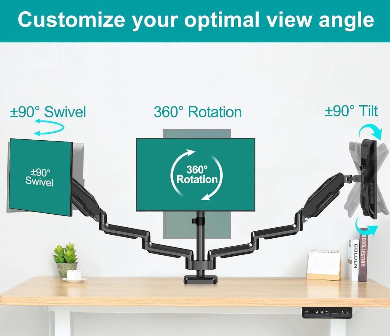 Alt view image 6 of 7 - MOUNT PRO Triple Monitor Desk Mount - Articulating Gas Spring Monitor Arm, Removable with Clamp and Grommet Base - Fits 13 to 27 Inch LCD Computer Monitors, VESA 75x75, 100x100