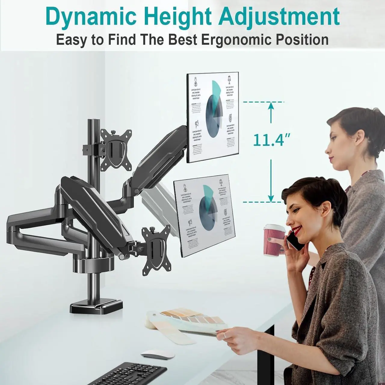 Alt view image 7 of 7 - MOUNT PRO Triple Monitor Desk Mount - Articulating Gas Spring Monitor Arm, Removable with Clamp and Grommet Base - Fits 13 to 27 Inch LCD Computer Monitors, VESA 75x75, 100x100