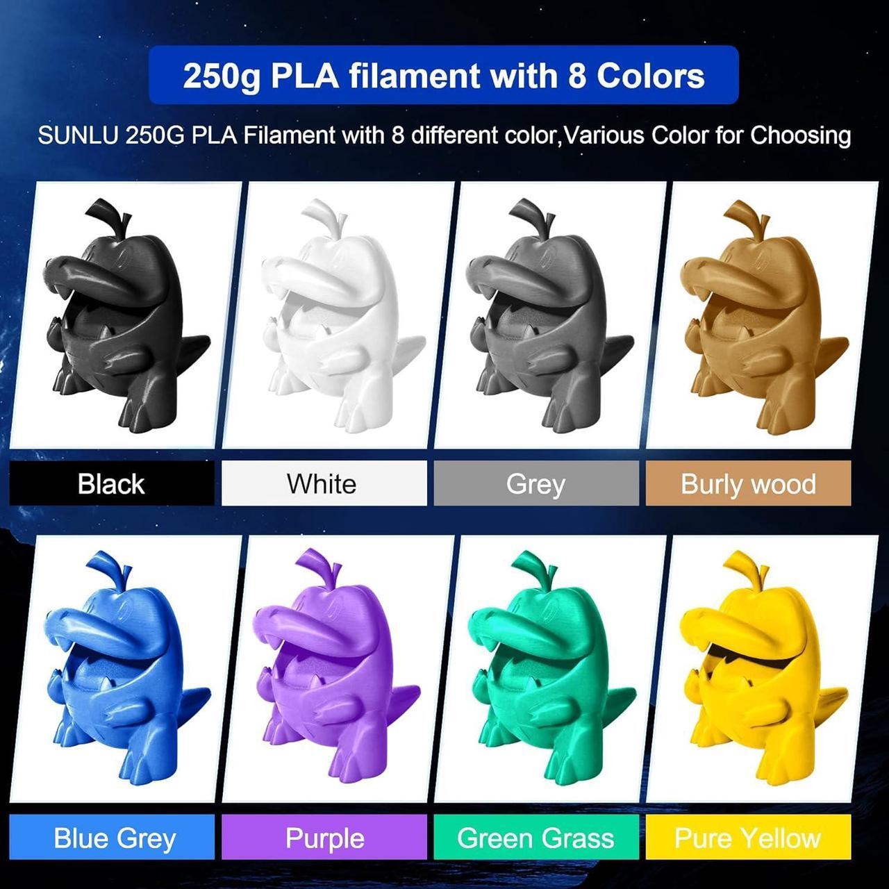 Alt view image 2 of 7 - SUNLU 3D Printer Filament, Neatly Wound 250G Spool PLA Filament Bundle, 1.75mm PLA Filament Muticolor, High Compatiblity, 8 Rolls, Black+White+Grey+Burlywood+Purple+Bluegrey+GrassGreen+PureYellow