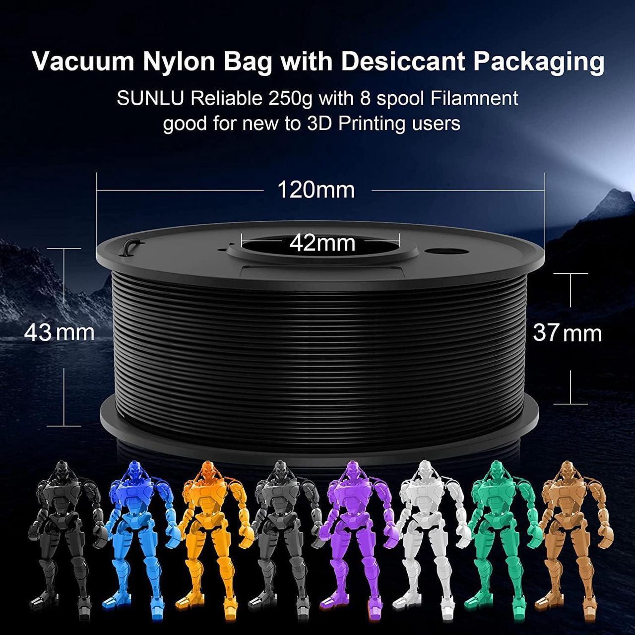 Alt view image 4 of 7 - SUNLU 3D Printer Filament, Neatly Wound 250G Spool PLA Filament Bundle, 1.75mm PLA Filament Muticolor, High Compatiblity, 8 Rolls, Black+White+Grey+Burlywood+Purple+Bluegrey+GrassGreen+PureYellow