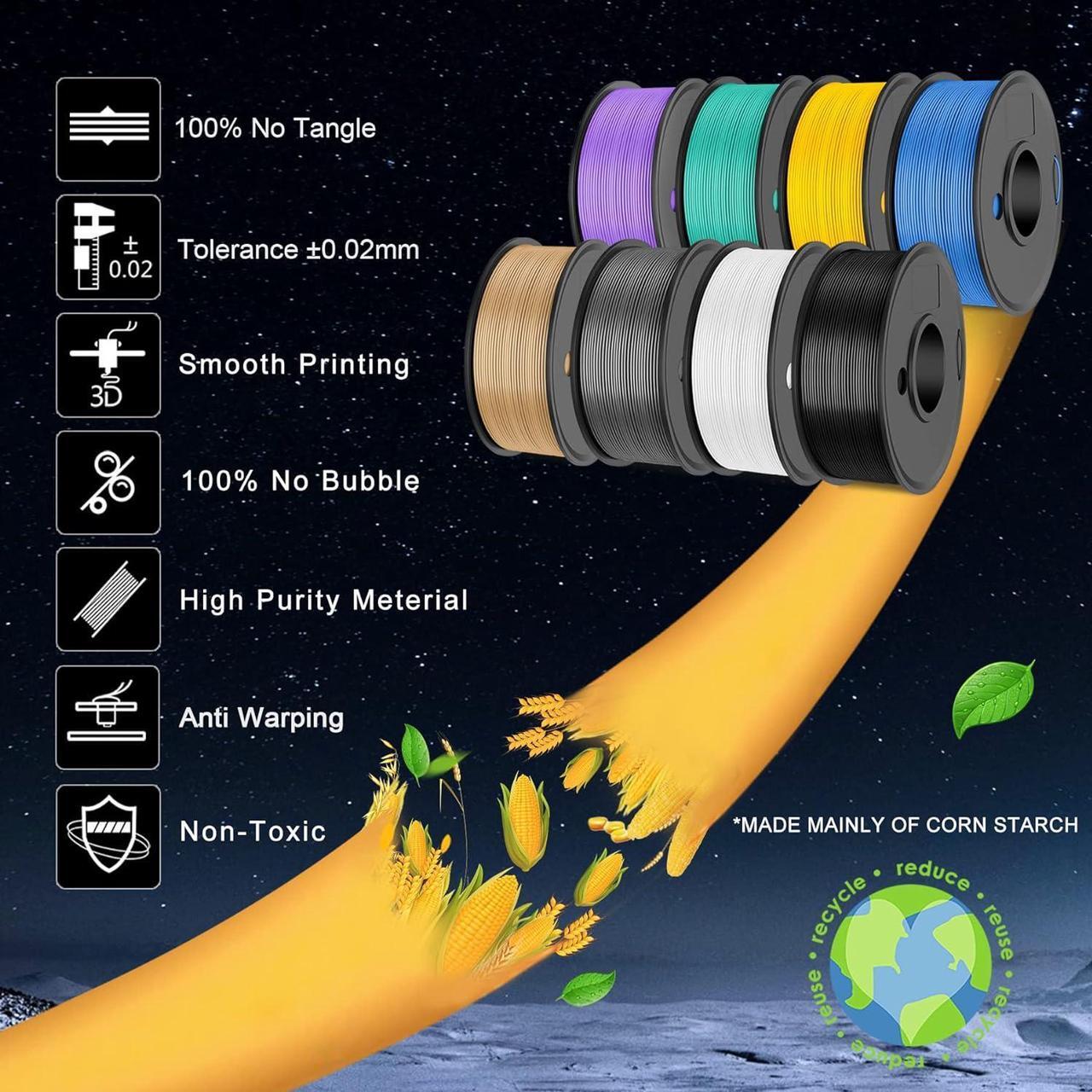 Alt view image 7 of 7 - SUNLU 3D Printer Filament, Neatly Wound 250G Spool PLA Filament Bundle, 1.75mm PLA Filament Muticolor, High Compatiblity, 8 Rolls, Black+White+Grey+Burlywood+Purple+Bluegrey+GrassGreen+PureYellow