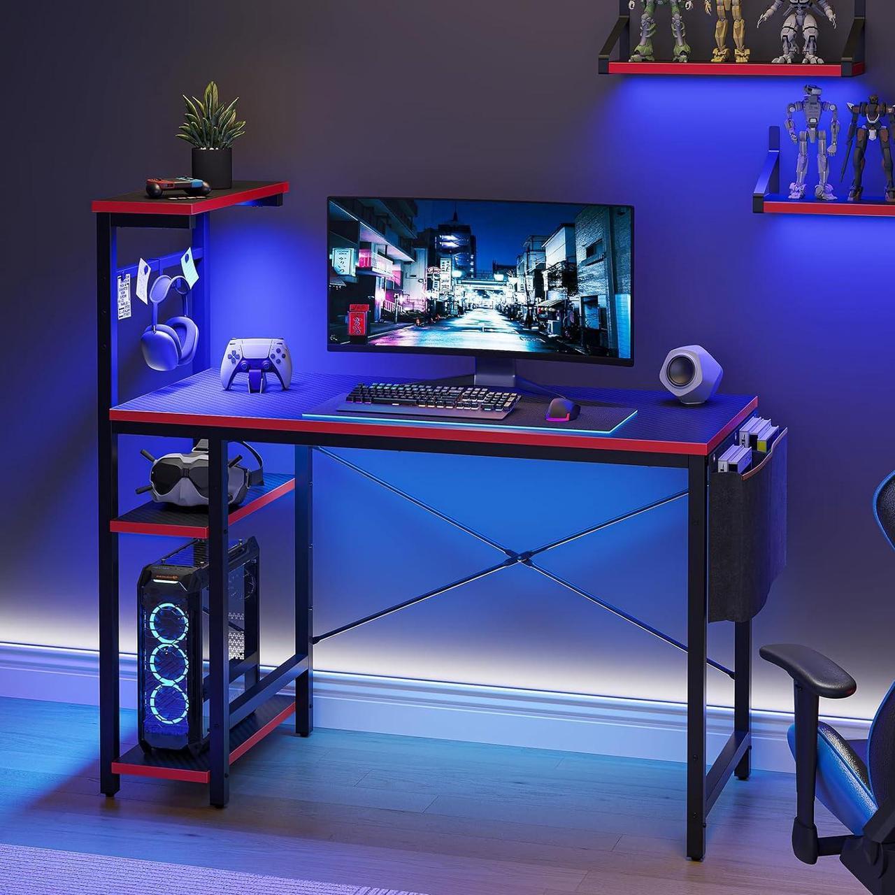Main image of Bestier Gaming Desk with LED Lights, 44 Inch PC Gamer Desk for Small Spaces, Computer Desk with Reversible Storage Shelves & Side Storage Bag (Black 3D Carbon Fiber)