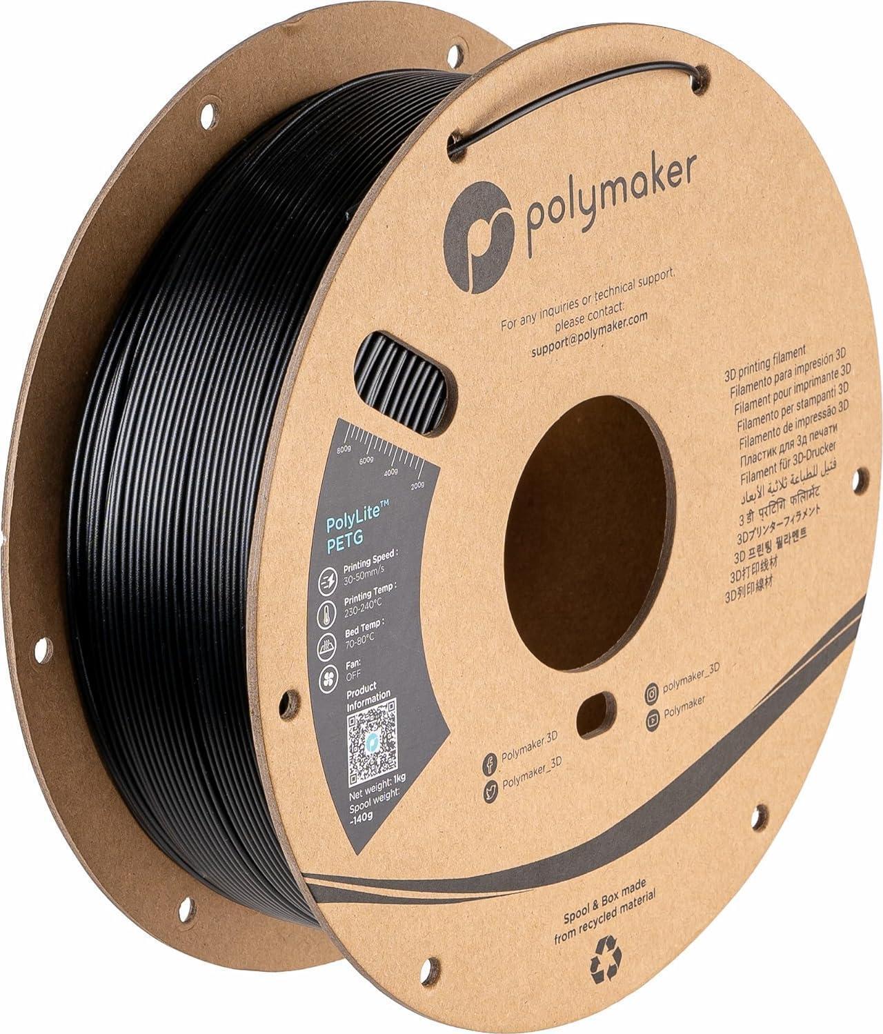 Main image of Polymaker PETG Filament 1.75mm, 1kg Strong PETG 3D Printer Filament Black - PolyLite PETG Black 3D Printing Filament 1.75mm, Dimensional Accuracy +/- 0.03mm, Print with Most 3D Printers