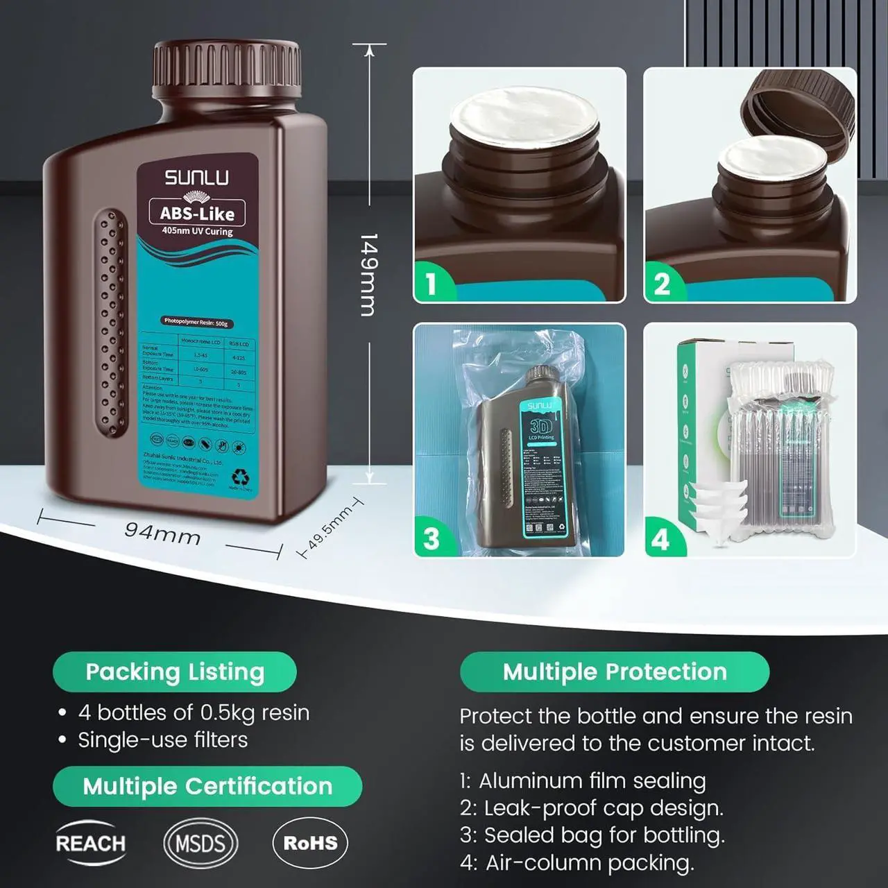 Alt view image 7 of 7 - SUNLU ABS Like 3D Printer Resin Bundle Multicolor, Fast Curing 3D Printing Liquid Photopolymer Resin, 395 to 405nm UV Curing, 2kg in Total, 0.5kg per Bottle, 4 Packs, Grey+White+Clear Blue+Clear Red
