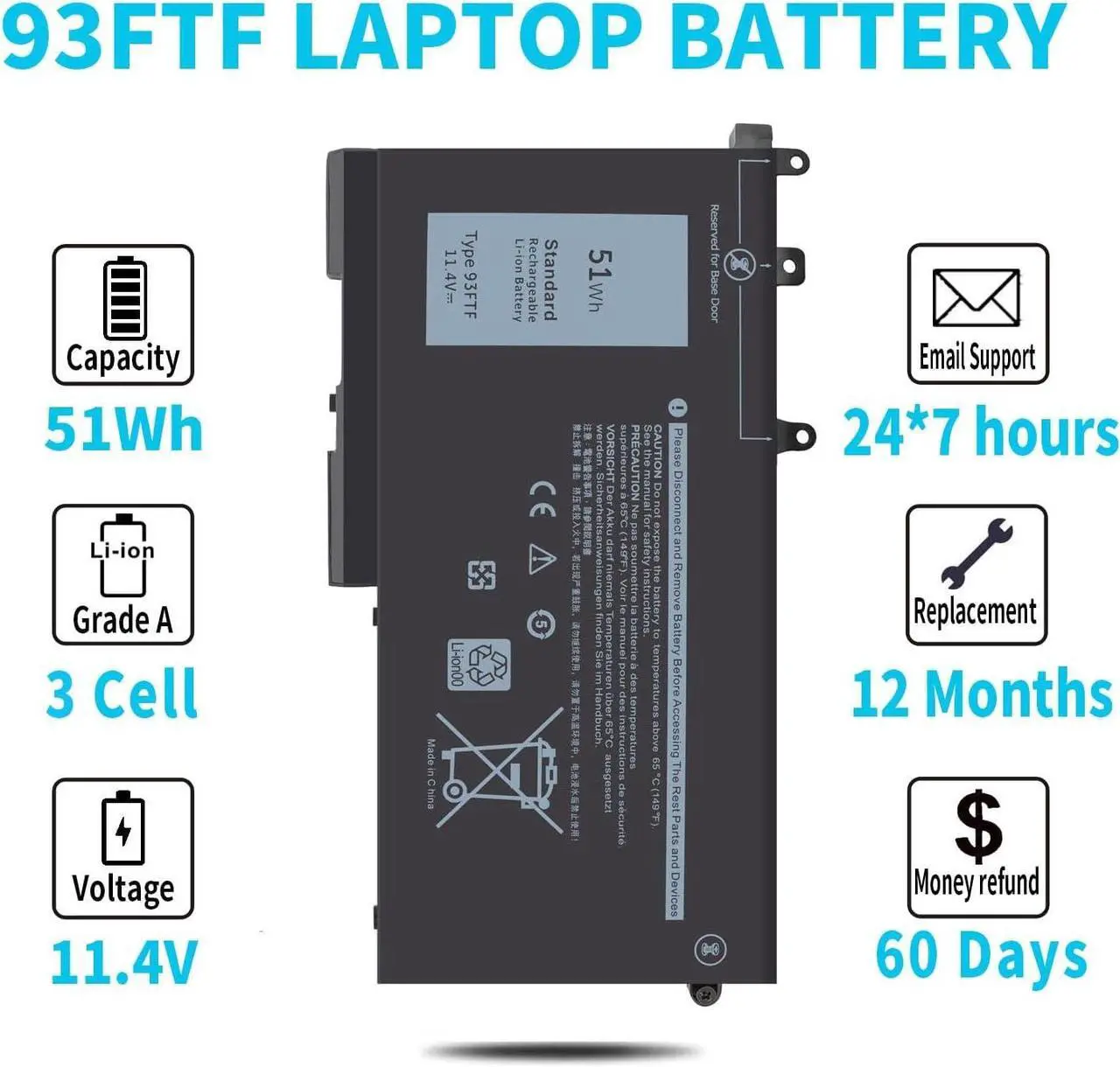 Alt view image 5 of 6 - 51Wh Type 93FTF Battery for Dell Latitude 5580 5480 5280 5590 5490 5491 5290 5288 5488 5495 5591 E5580 E5480 E5280 E5590 E5490 E5290 E5591 E5491 Precision 15 3520 3530 D4CMT 83XPC 4YFVG 451-BBZT 11.4V