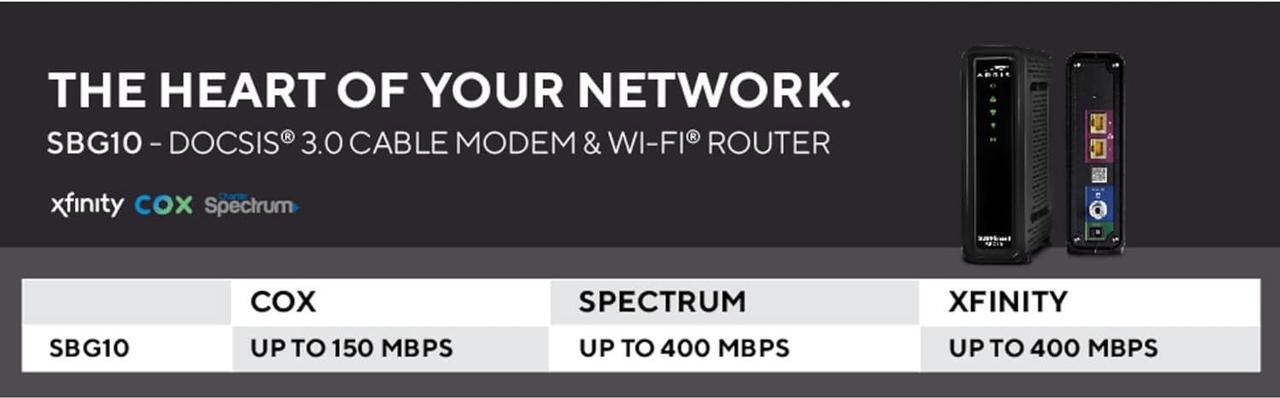 Alt view image 3 of 6 - ARRIS (SBG10) - Cable Modem Router Combo - Fast DOCSIS 3.0 16 x 4 Gigabit & AC1600 WiFi, For Comcast Xfinity, Cox, [Does not work with Spectrum], 400 Mbps Max Internet Speeds