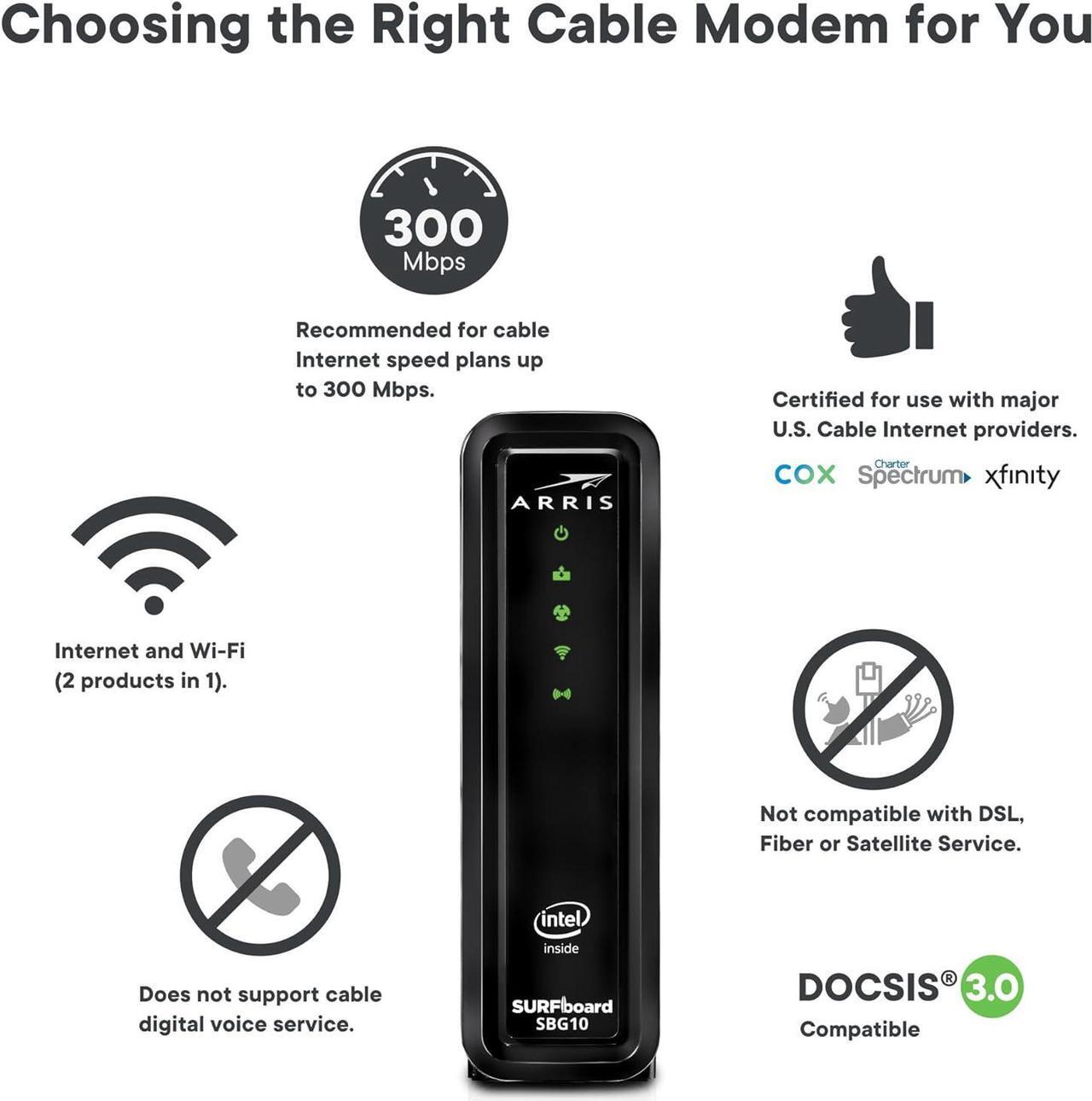 Alt view image 2 of 6 - ARRIS (SBG10) - Cable Modem Router Combo - Fast DOCSIS 3.0 16 x 4 Gigabit & AC1600 WiFi, For Comcast Xfinity, Cox, [Does not work with Spectrum], 400 Mbps Max Internet Speeds