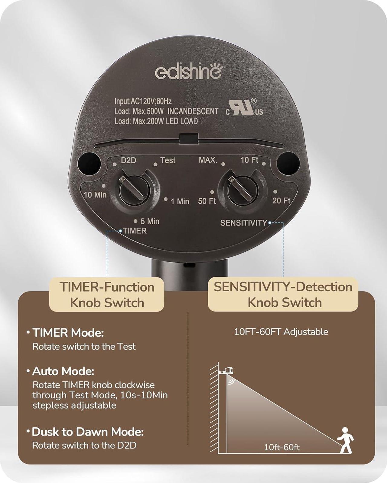 Alt view image 3 of 7 - EDISHINE Motion Sensor, Automatic Dusk to Dawn, 120V AC Motion PIR Sensor, Adjustable Delay Time & Detection Range, 180 Degree Replacement Motion Security Floodlight Sensor, Brown, UL Listed
