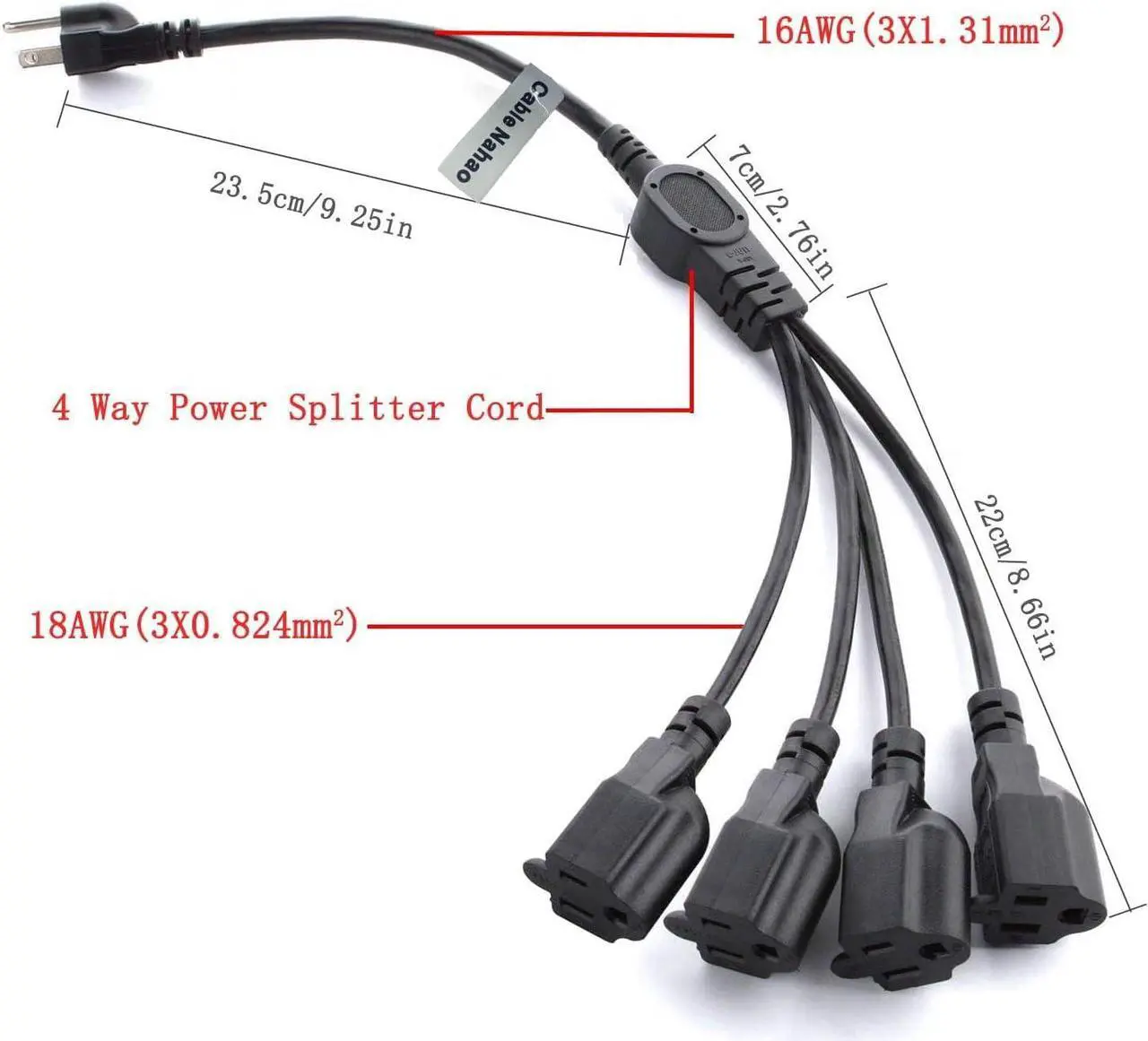 Alt view image 3 of 6 - 3 Prong 1 to 4 Outlet Power Cord Splitter Cord,Indoor Outdoor Cable Strip Outlet Saver,Power Extension Cable,SJT 16AWG,UL Approved for Computer, LED Stage Light(20 Inch, Black)