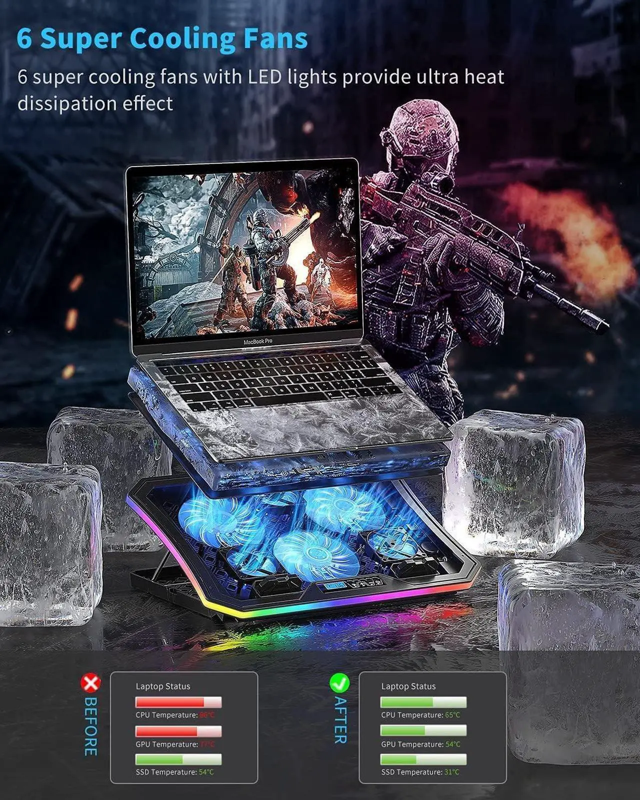 Alt view image 2 of 7 - KeiBn Upgarde Laptop Cooling Pad, RGB Lights Laptop Cooler 6 Fans for 15.6-17.3 Inch Laptops, 7 Height Stands, 10 Modes Light, 2 USB Ports, Desk or Lap Use (A8,Blue)