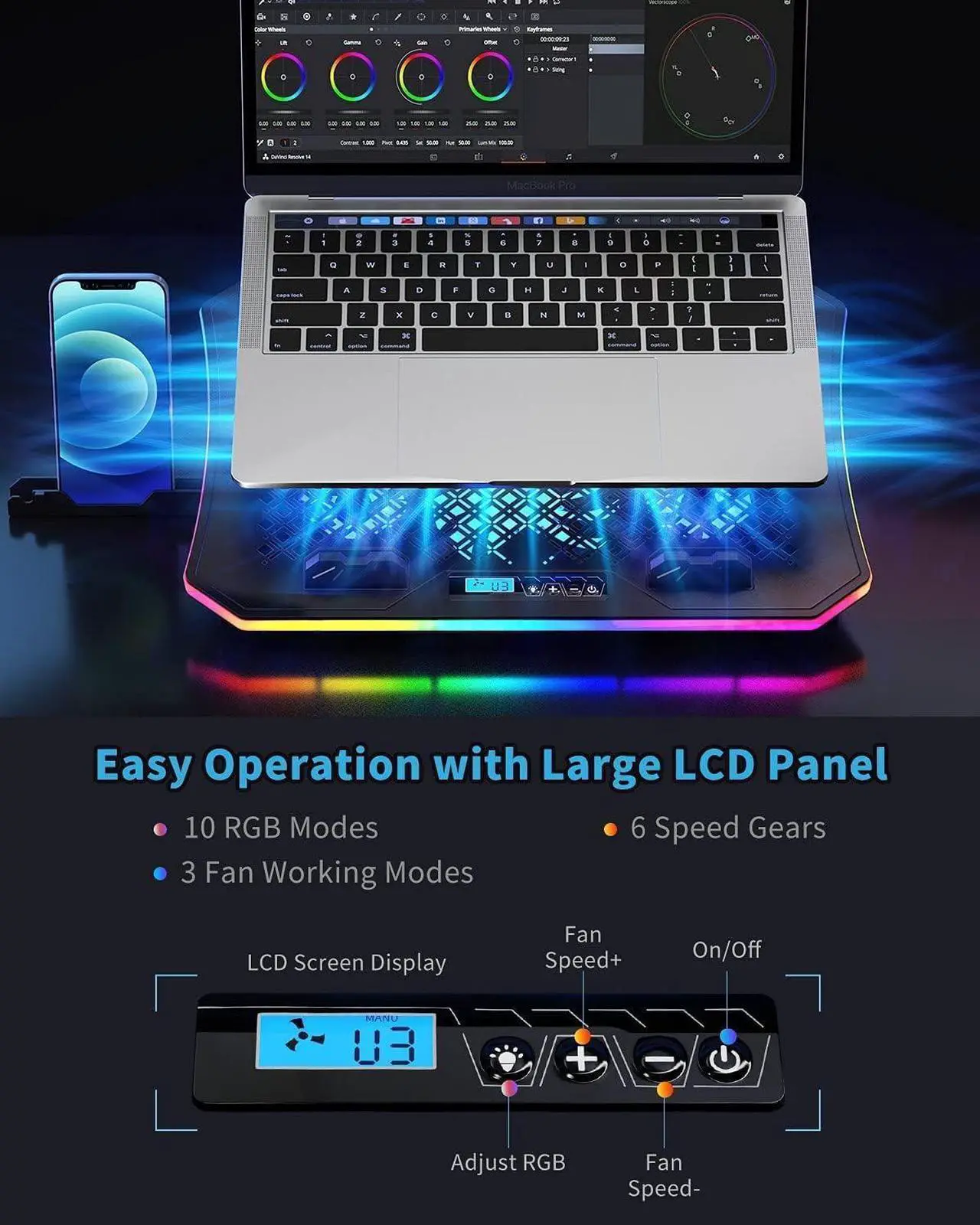 Alt view image 3 of 7 - KeiBn Upgarde Laptop Cooling Pad, RGB Lights Laptop Cooler 6 Fans for 15.6-17.3 Inch Laptops, 7 Height Stands, 10 Modes Light, 2 USB Ports, Desk or Lap Use (A8,Blue)
