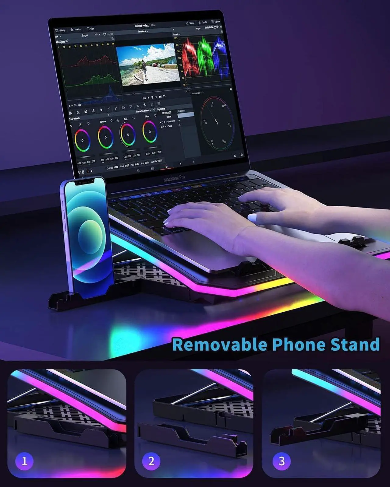 Alt view image 5 of 7 - KeiBn Upgarde Laptop Cooling Pad, RGB Lights Laptop Cooler 6 Fans for 15.6-17.3 Inch Laptops, 7 Height Stands, 10 Modes Light, 2 USB Ports, Desk or Lap Use (A8,Blue)