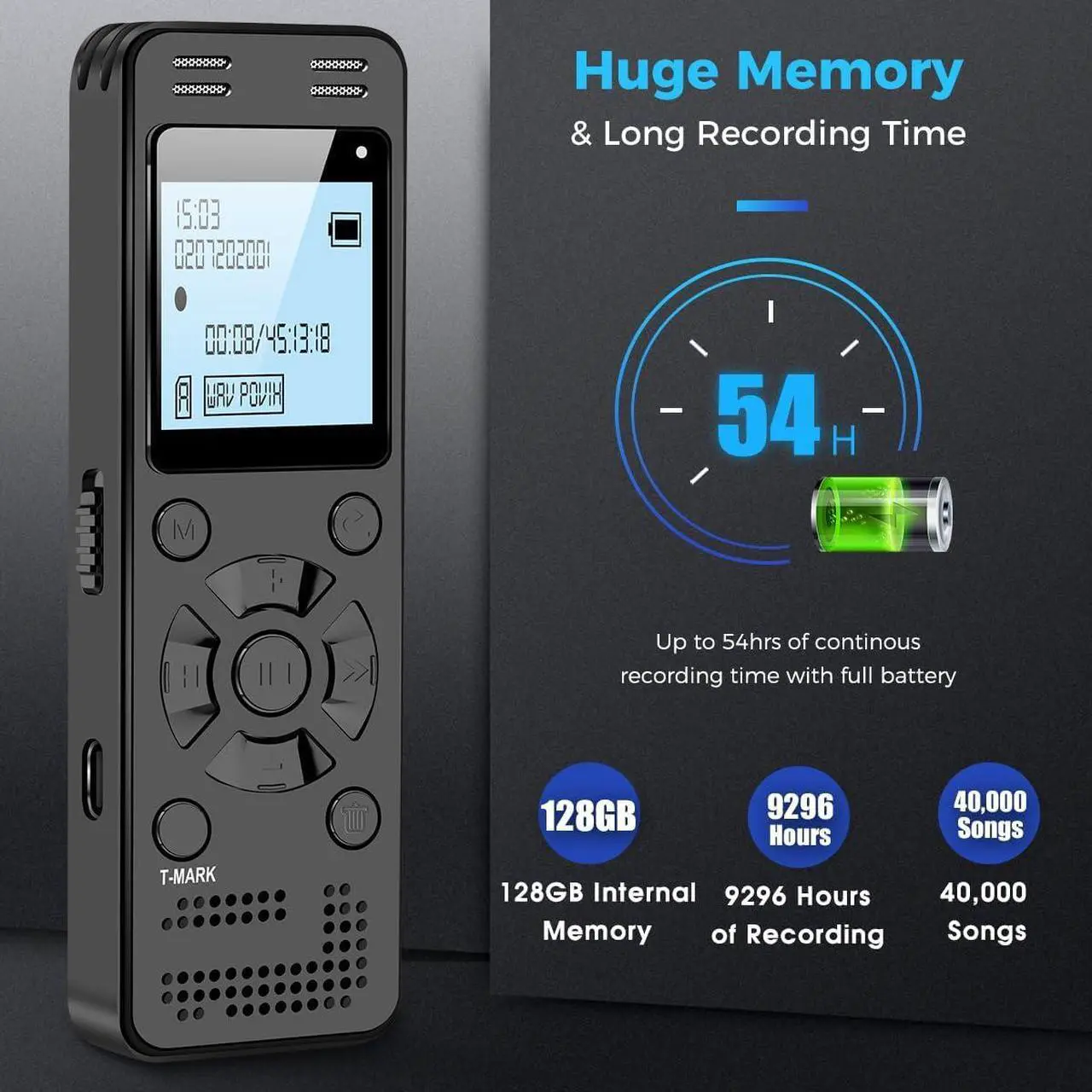 Alt view image 3 of 7 - 128GB Digital Voice Recorder for Lectures Meetings - EVIDA 9296 Hours Voice Activated Recording Device Audio Recorder with Playback,Password