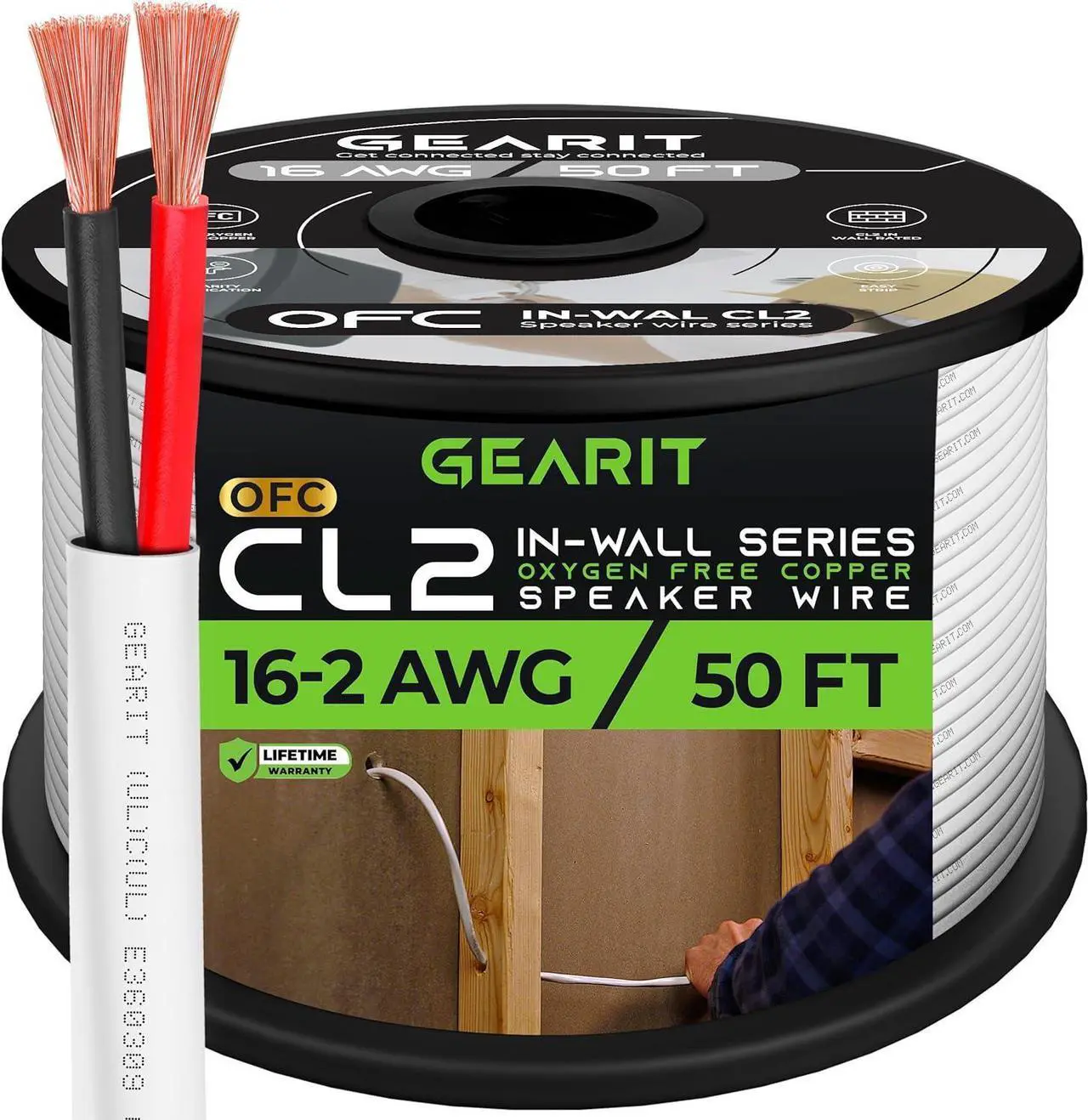 Main image of GearIT 16/2 Speaker Wire (50 Feet) 16AWG Gauge - in Wall Audio Speaker Wire Cable / CL2 Rated / 2 Conductors - OFC Oxygen-Free Copper, White 50ft