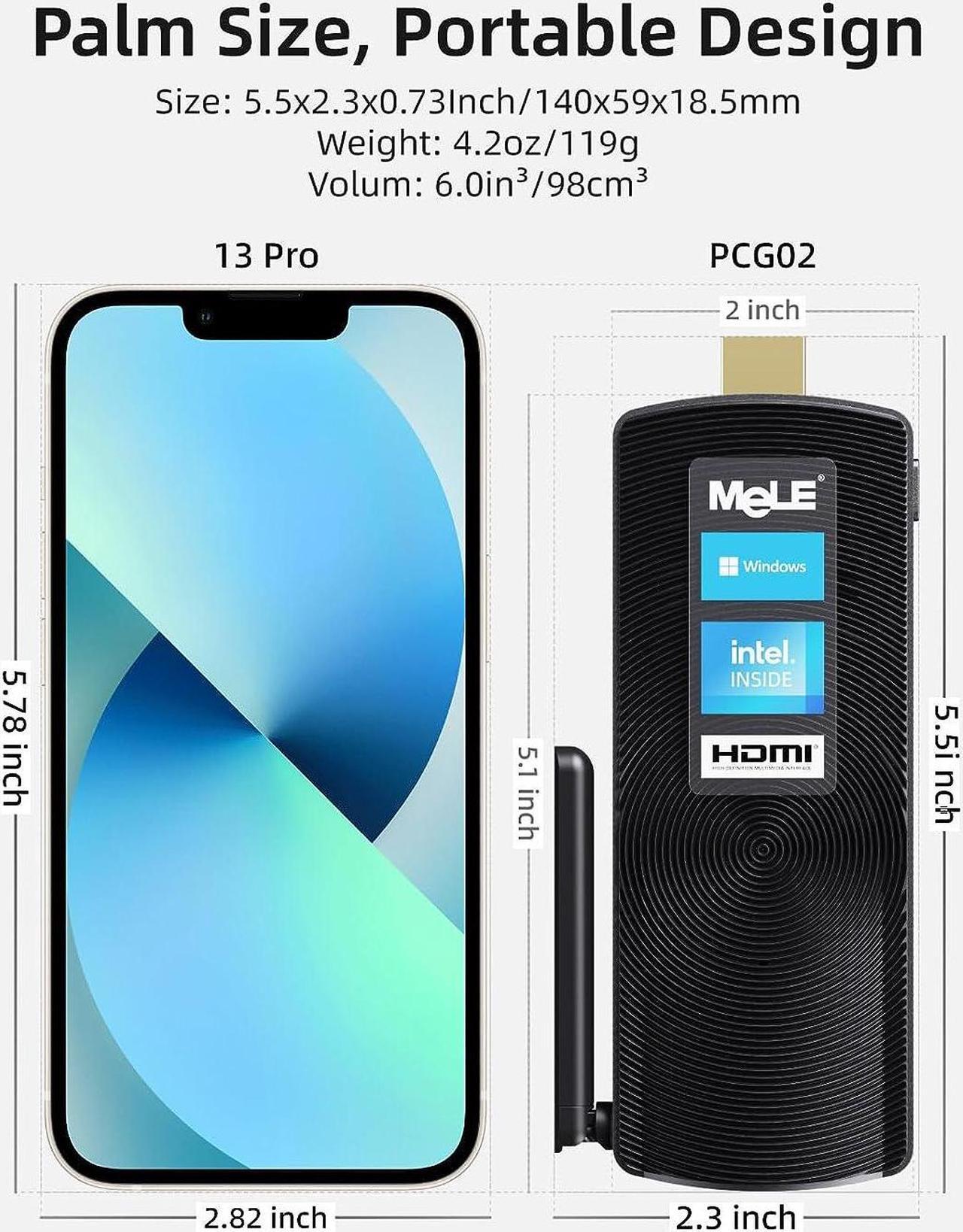 Alt view image 3 of 7 - MeLE PCG02 Fanless Mini PC Stick Windows 11 Pro Celeron J4125 8GB 128GB Micro Desktop Computer Stick Support HDMI 4K 60Hz Wi-Fi5 Gigabit Ethernet BT4.2 on Business Office Industrial IOT Media Home