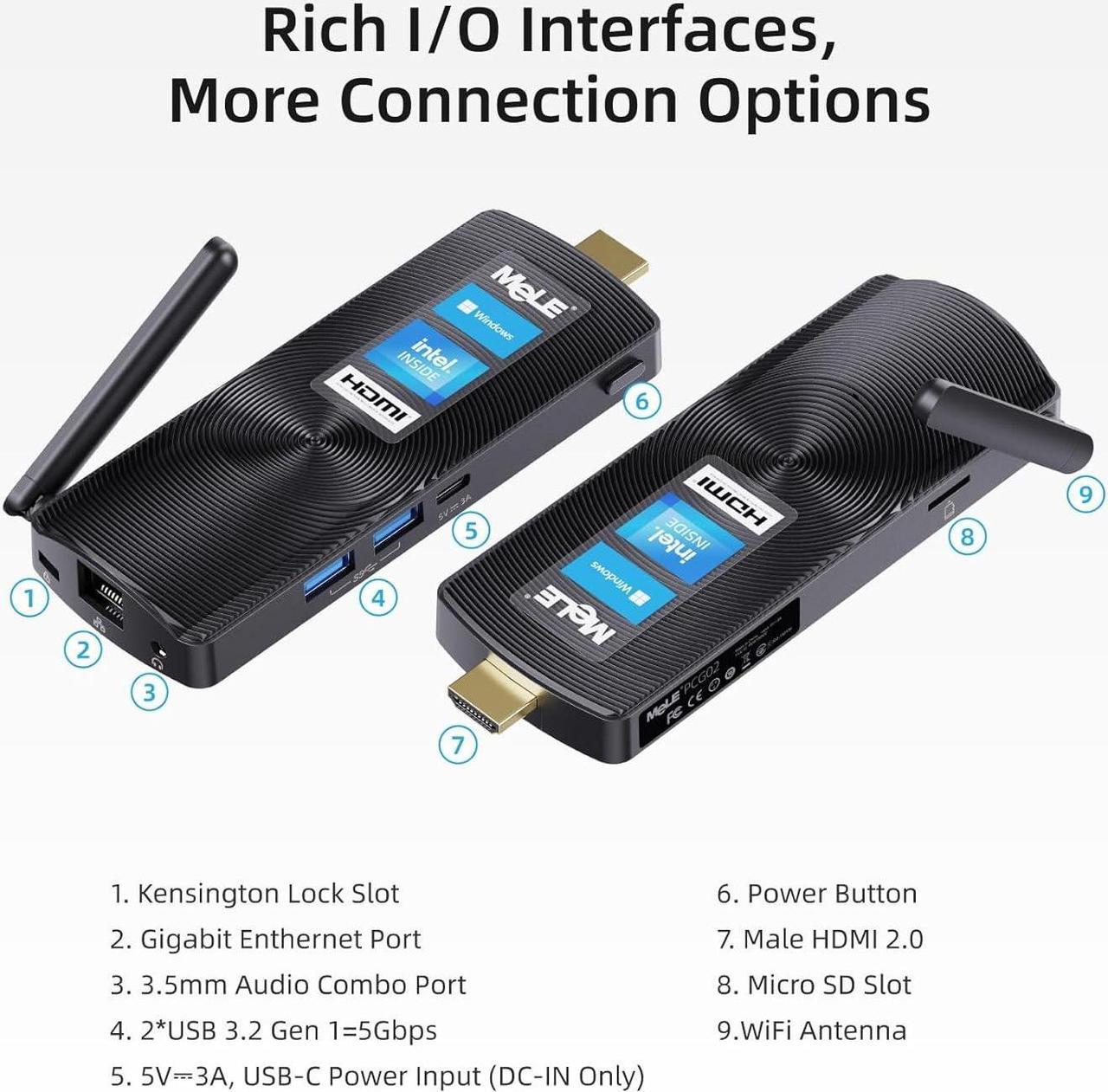 Alt view image 4 of 7 - MeLE PCG02 Fanless Mini PC Stick Windows 11 Pro Celeron J4125 8GB 128GB Micro Desktop Computer Stick Support HDMI 4K 60Hz Wi-Fi5 Gigabit Ethernet BT4.2 on Business Office Industrial IOT Media Home