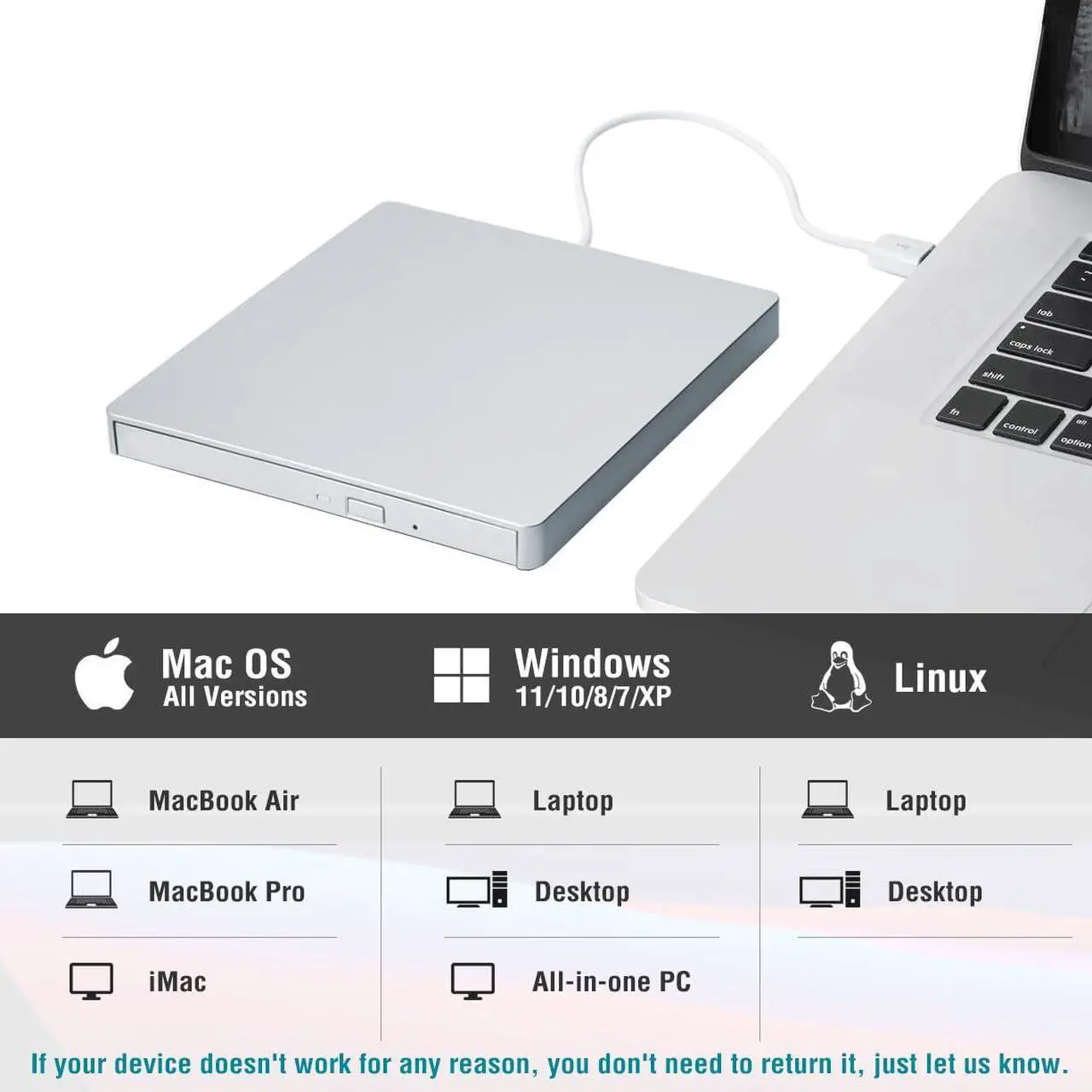 Alt view image 4 of 7 - External CD/DVD Drive for Mac, CD Burner USB 3.0 Portable CD-ROM DVD+/-RW Disc Player Burner Reader Writer Optical Drive for Apple Mac MacBook Pro/Air, Windows 11/10 Laptop PC, Silver
