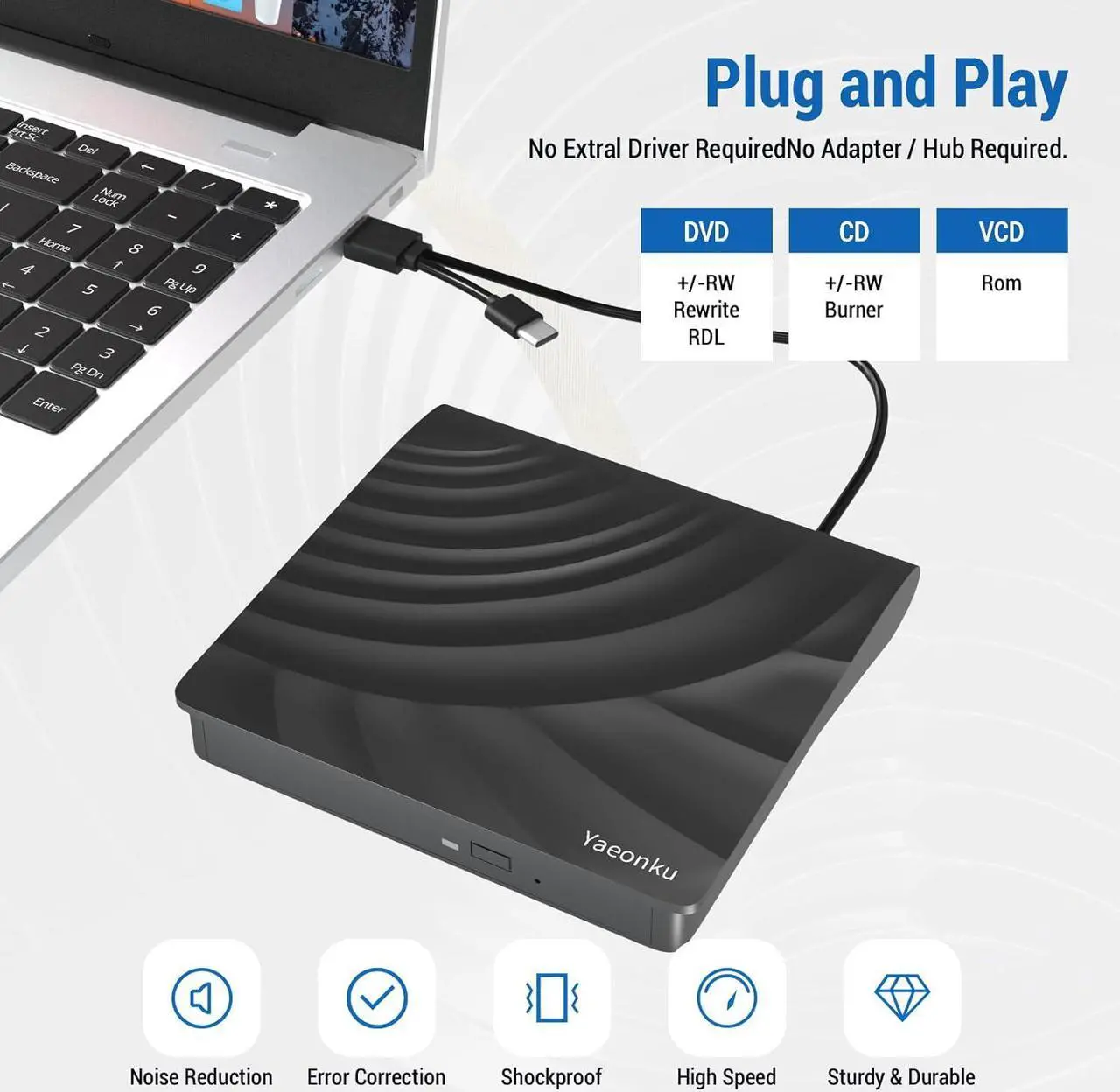 Alt view image 2 of 6 - External CD DVD Drive, USB 3.0 Type C CD/DVD +/-RW Portable Burner Player Reader Writer Optical CD ROM Disk Drive for Laptop PC Desktop iMac MacBook Pro/Air Windows XP/7/8/10/11 Mac OS Linux Vista7/8