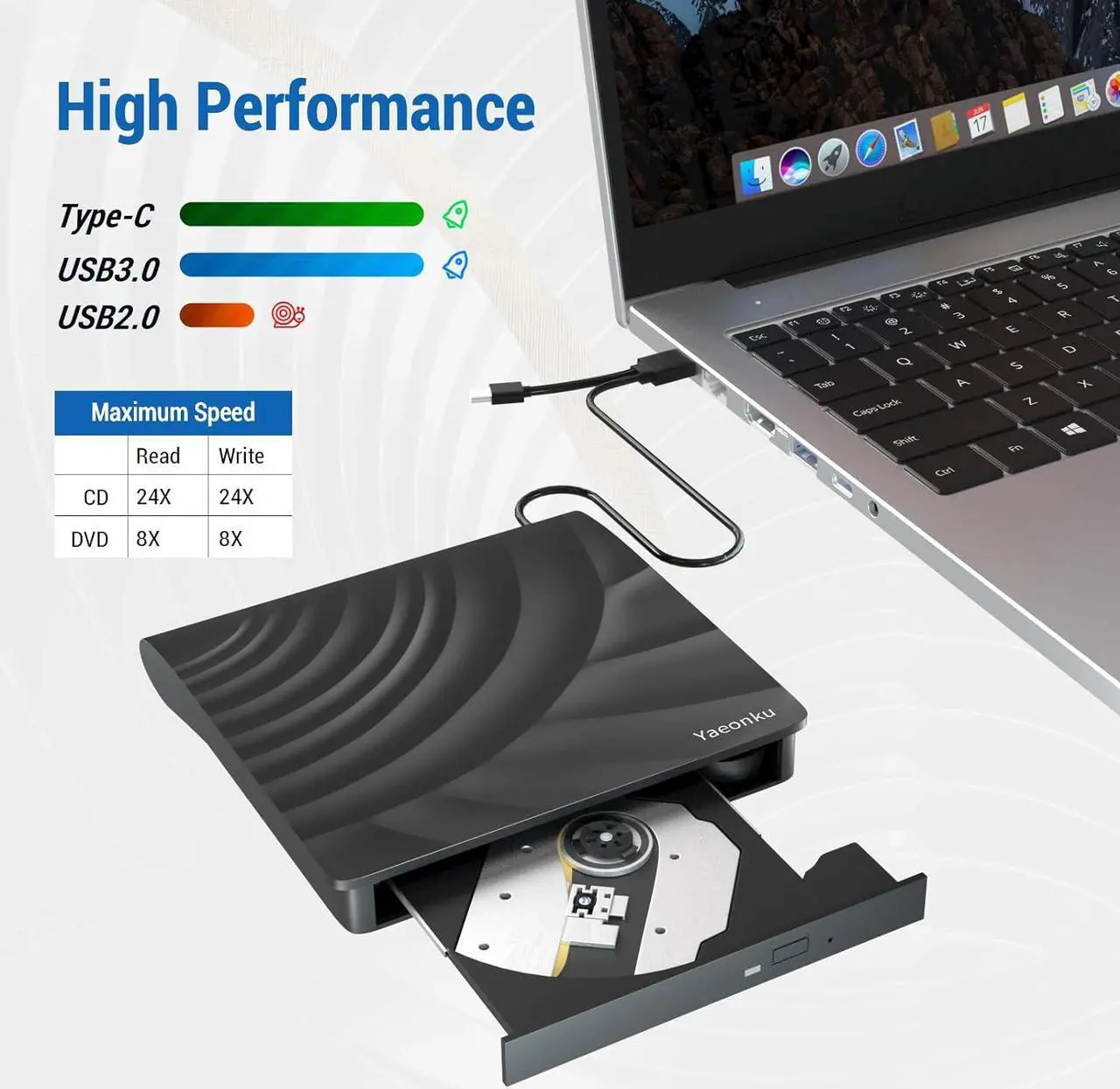 Alt view image 4 of 6 - External CD DVD Drive, USB 3.0 Type C CD/DVD +/-RW Portable Burner Player Reader Writer Optical CD ROM Disk Drive for Laptop PC Desktop iMac MacBook Pro/Air Windows XP/7/8/10/11 Mac OS Linux Vista7/8