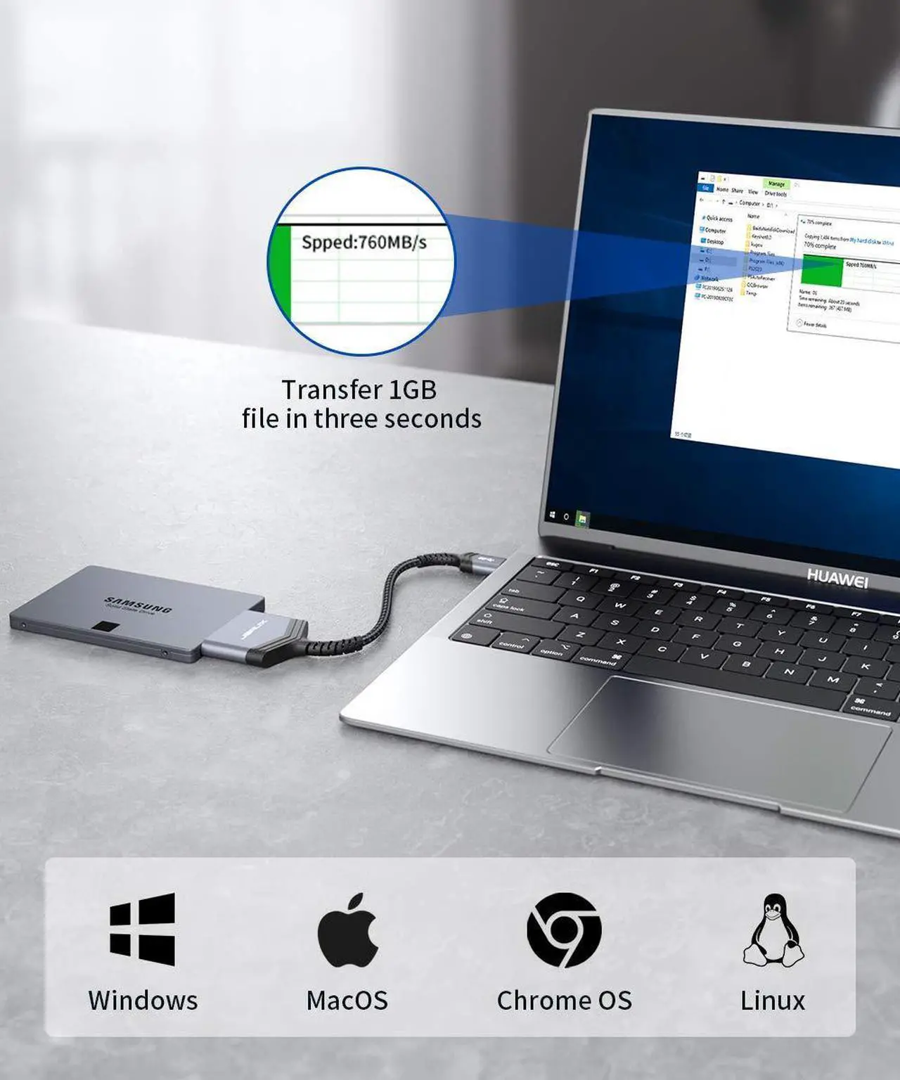 Alt view image 4 of 7 - JSAUX SATA to USB A Cable, USB A 3.0 to 2.5 SATA III Hard Drive Adapter Aluminum Shell Nylon Cord External Converter for SSD/HDD Data Transfer-Grey