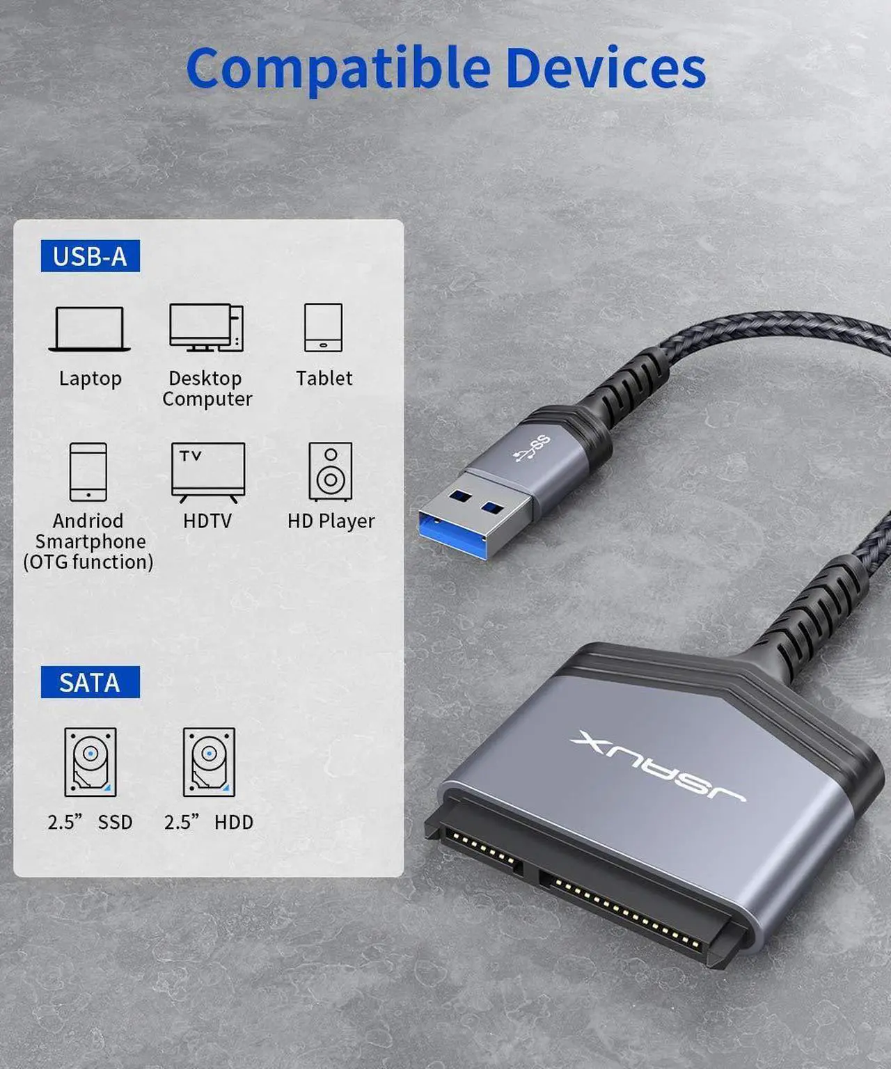 Alt view image 6 of 7 - JSAUX SATA to USB A Cable, USB A 3.0 to 2.5 SATA III Hard Drive Adapter Aluminum Shell Nylon Cord External Converter for SSD/HDD Data Transfer-Grey