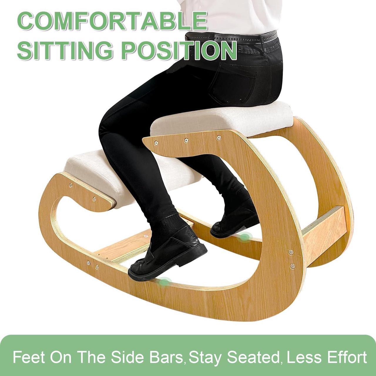 Alt view image 6 of 7 - Predawn Ergonomic Kneeling Chair,Rocking Knee Chair Upright Posture Chair for Home Office Meditation Wooden & Linen Cushion-Office Chair for Back Neck Pain Relief & Improving Posture (White Oak)