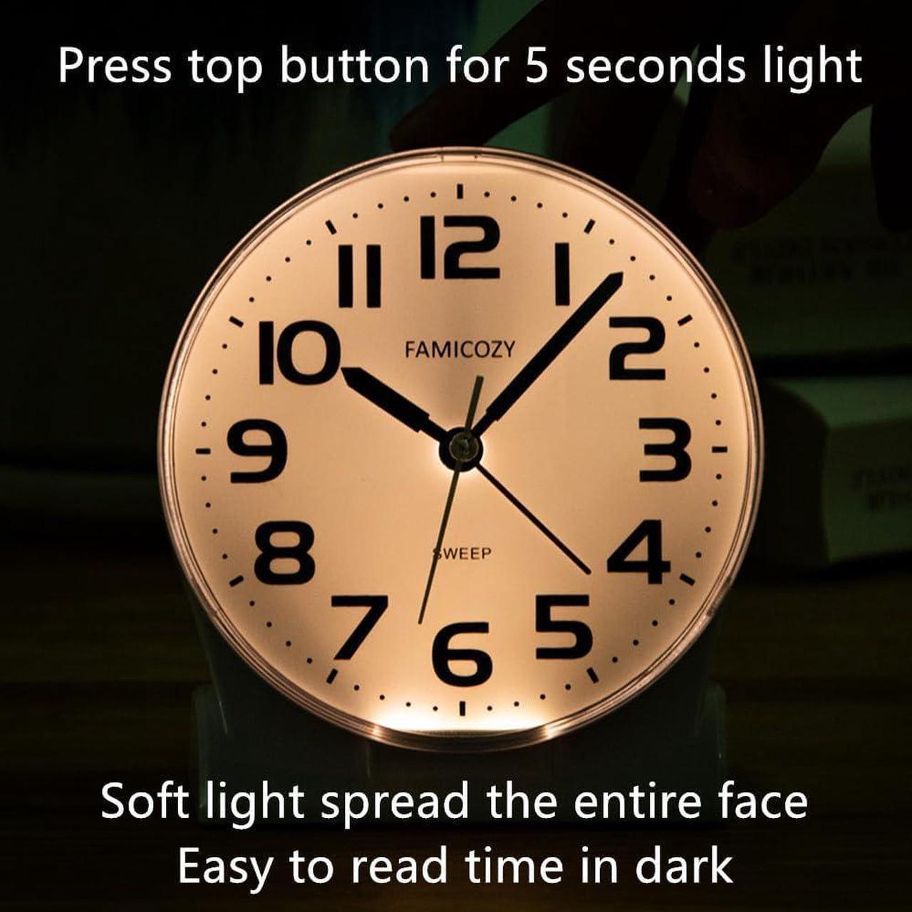 Alt view image 5 of 7 - 4.5" No Ticking Analog Alarm Clock,Silent Readable for Seniors,Easy to Set,Gradual Rise Alarm,Big Numbers,On/Off Switch on Side,Gentle Wake,Snooze Soft Backlight,Battery Operated,White