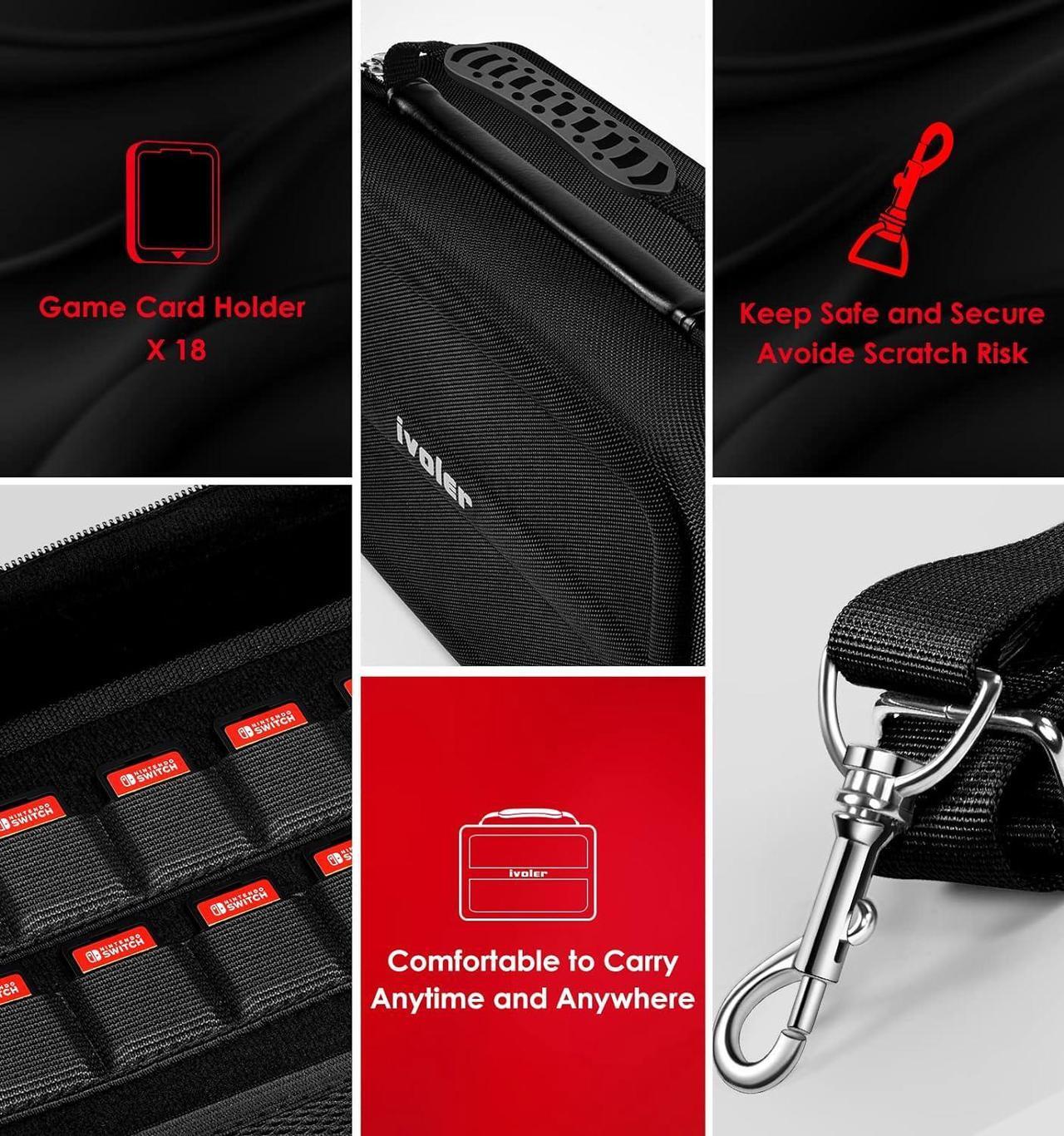 Alt view image 7 of 7 - ivoler Carrying Storage Case for Nintendo Switch/For Switch OLED Model (2021),Portable Travel All Protective Hard Messenger Bag Soft Lining 18Games for Switch Console Pro Controller Accessories Black