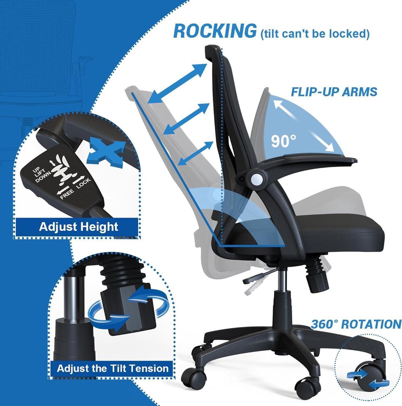 Alt view image 4 of 7 - KOLLIEE Mid Back Mesh Office Chair Ergonomic Swivel Black Mesh Computer Chair Flip Up Arms with Lumbar Support Adjustable Height Task Chair