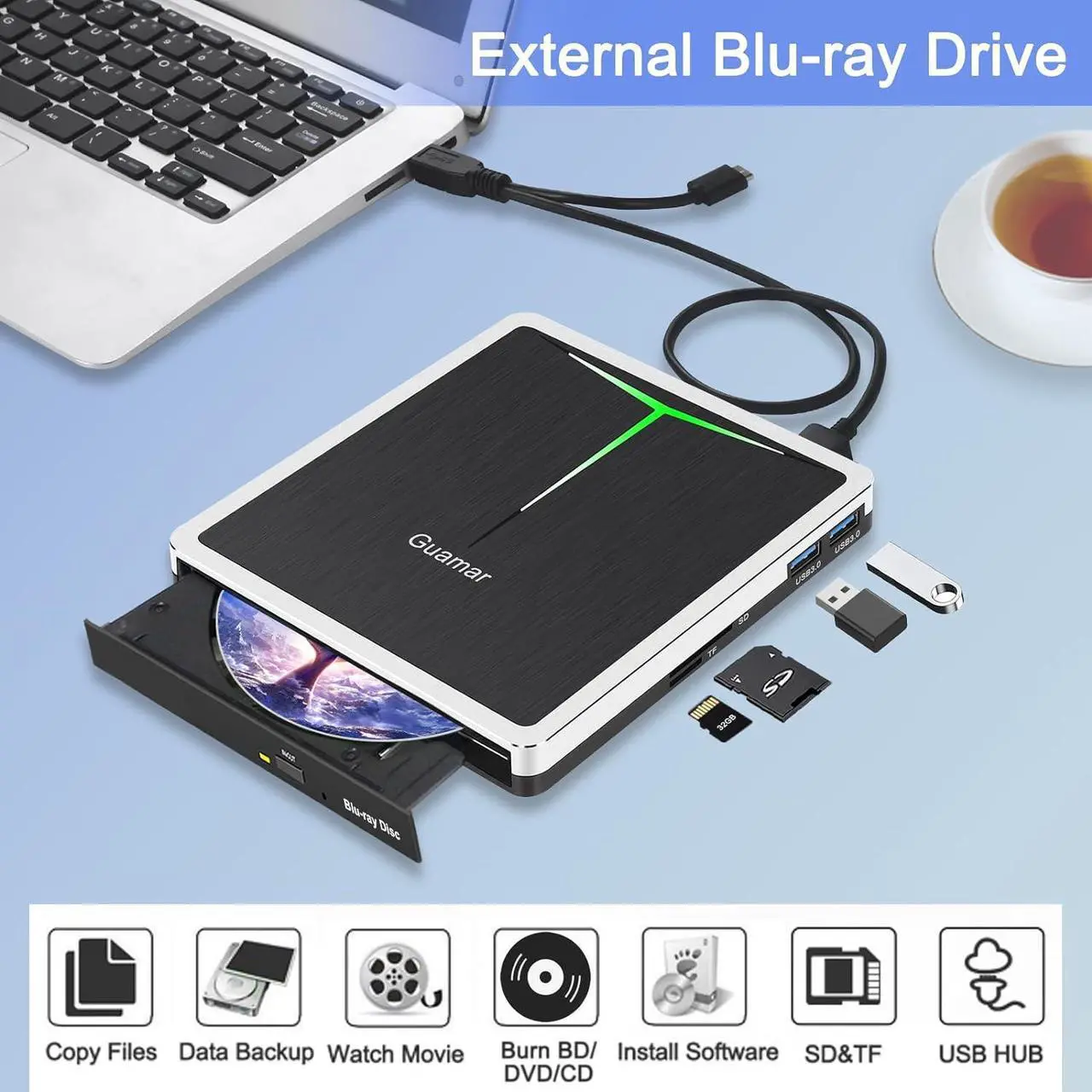 Alt view image 2 of 7 - External Blu Ray Drive, USB C Blu Ray Burner Portable Bluray DVD Player BD Reader Writer, USB 3.0 External Blu-ray Drives Optical Blueray/DVD Drive for PC Laptop Mac Desktop Windows 11 Linux