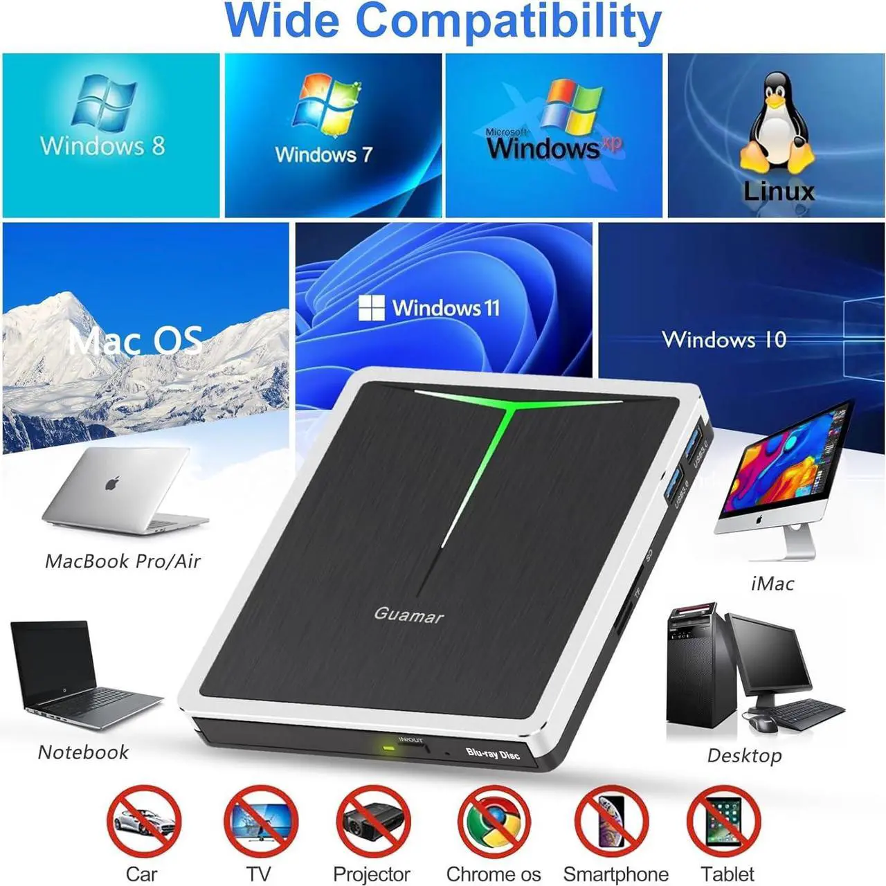 Alt view image 3 of 7 - External Blu Ray Drive, USB C Blu Ray Burner Portable Bluray DVD Player BD Reader Writer, USB 3.0 External Blu-ray Drives Optical Blueray/DVD Drive for PC Laptop Mac Desktop Windows 11 Linux