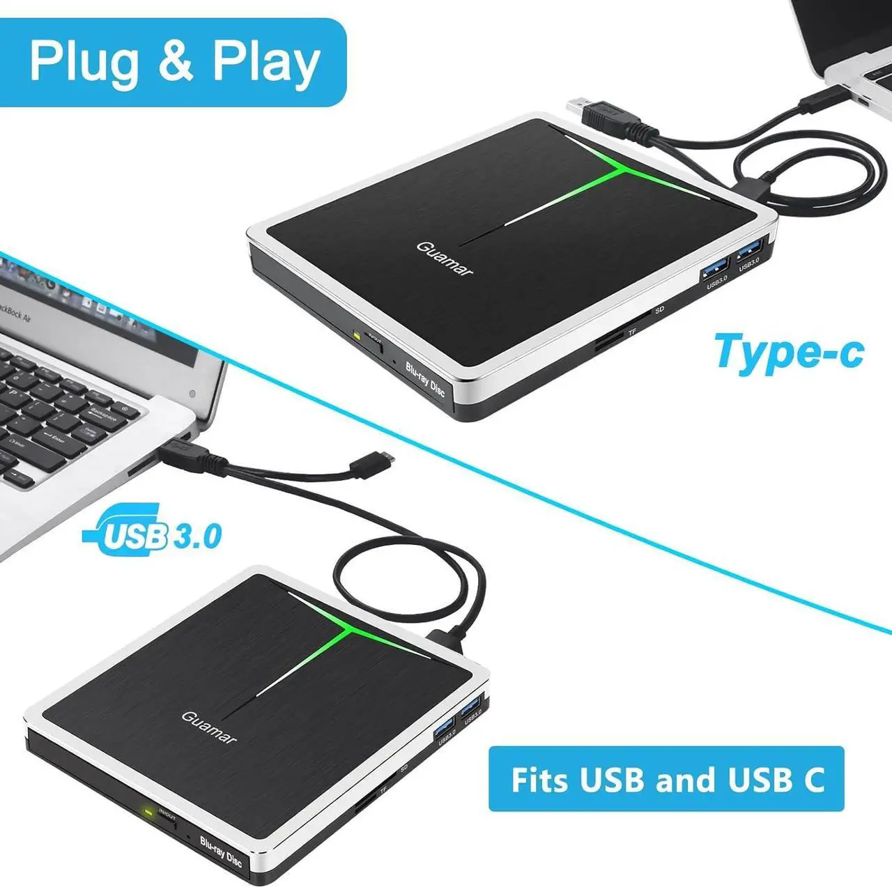Alt view image 7 of 7 - External Blu Ray Drive, USB C Blu Ray Burner Portable Bluray DVD Player BD Reader Writer, USB 3.0 External Blu-ray Drives Optical Blueray/DVD Drive for PC Laptop Mac Desktop Windows 11 Linux