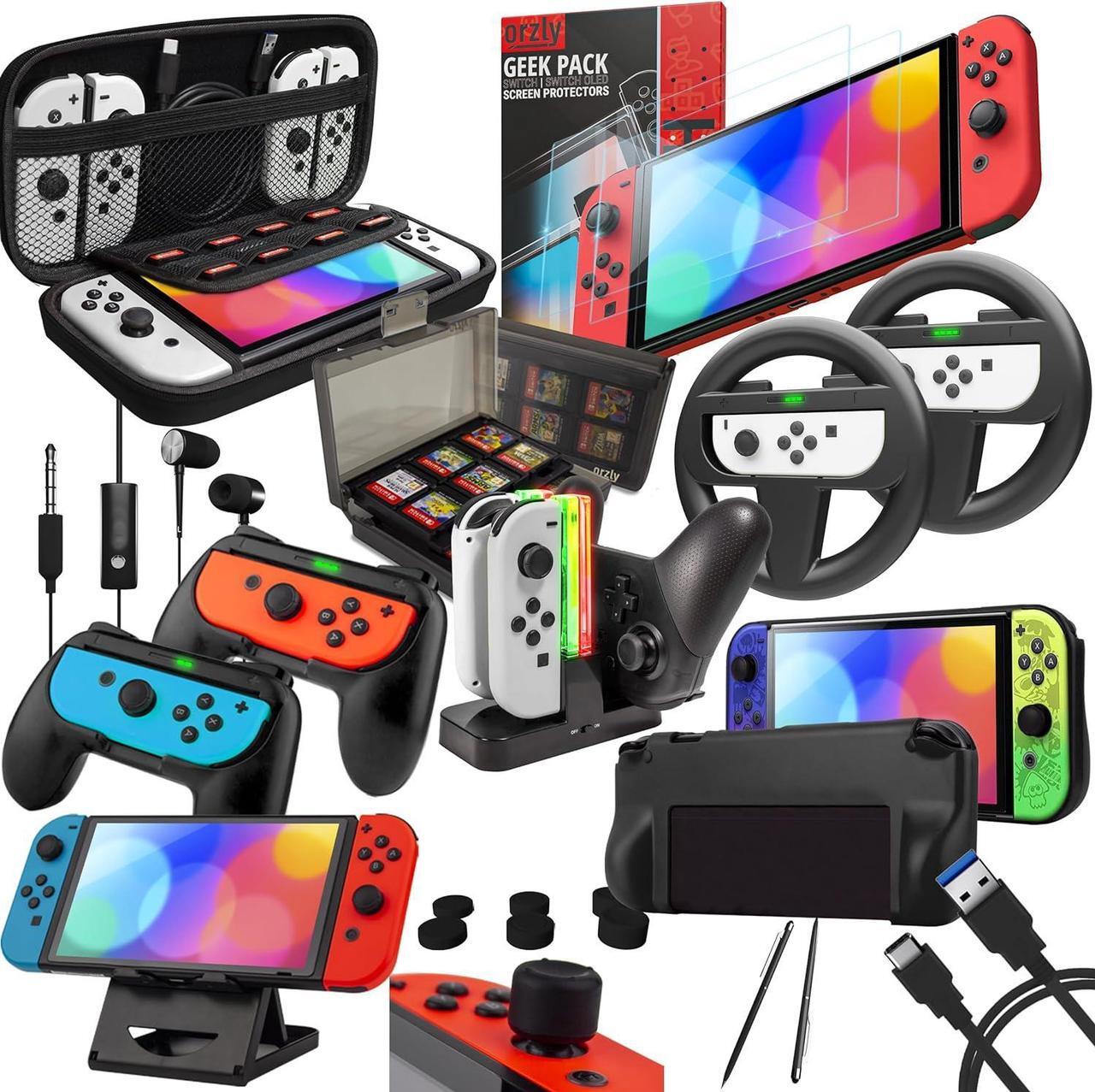 Main image of Orzly Accessory Bundle Kit Designed for Nintendo Switch Accessories Geeks and OLED Console Users Case and Screen Protector, Joycon Grips and Wheels for Enhanced Games Play and More - Jet Black