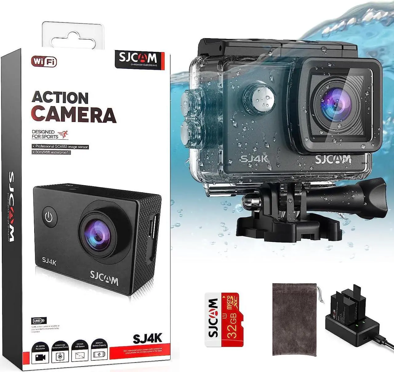 Main image of SJCAM SJ4000 4K30fps 40MP Action Camera WiFi Camera with Stabilization,Underwater 98ft Waterproof Camera with Dual Batteries,170°FOV 5X Zoom,32G SD Card and Helmet Mount Accessories Kits