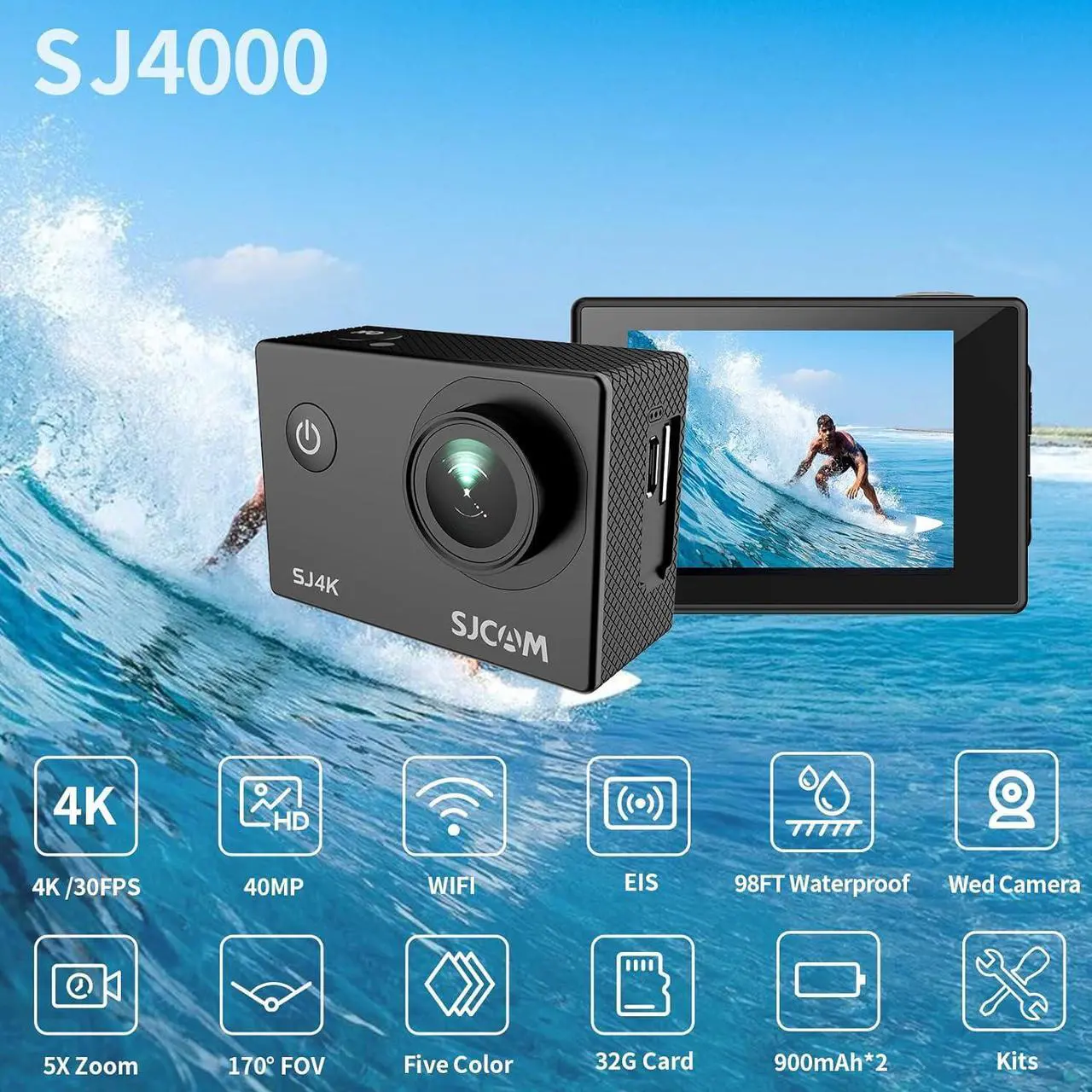 Alt view image 2 of 7 - SJCAM SJ4000 4K30fps 40MP Action Camera WiFi Camera with Stabilization,Underwater 98ft Waterproof Camera with Dual Batteries,170°FOV 5X Zoom,32G SD Card and Helmet Mount Accessories Kits