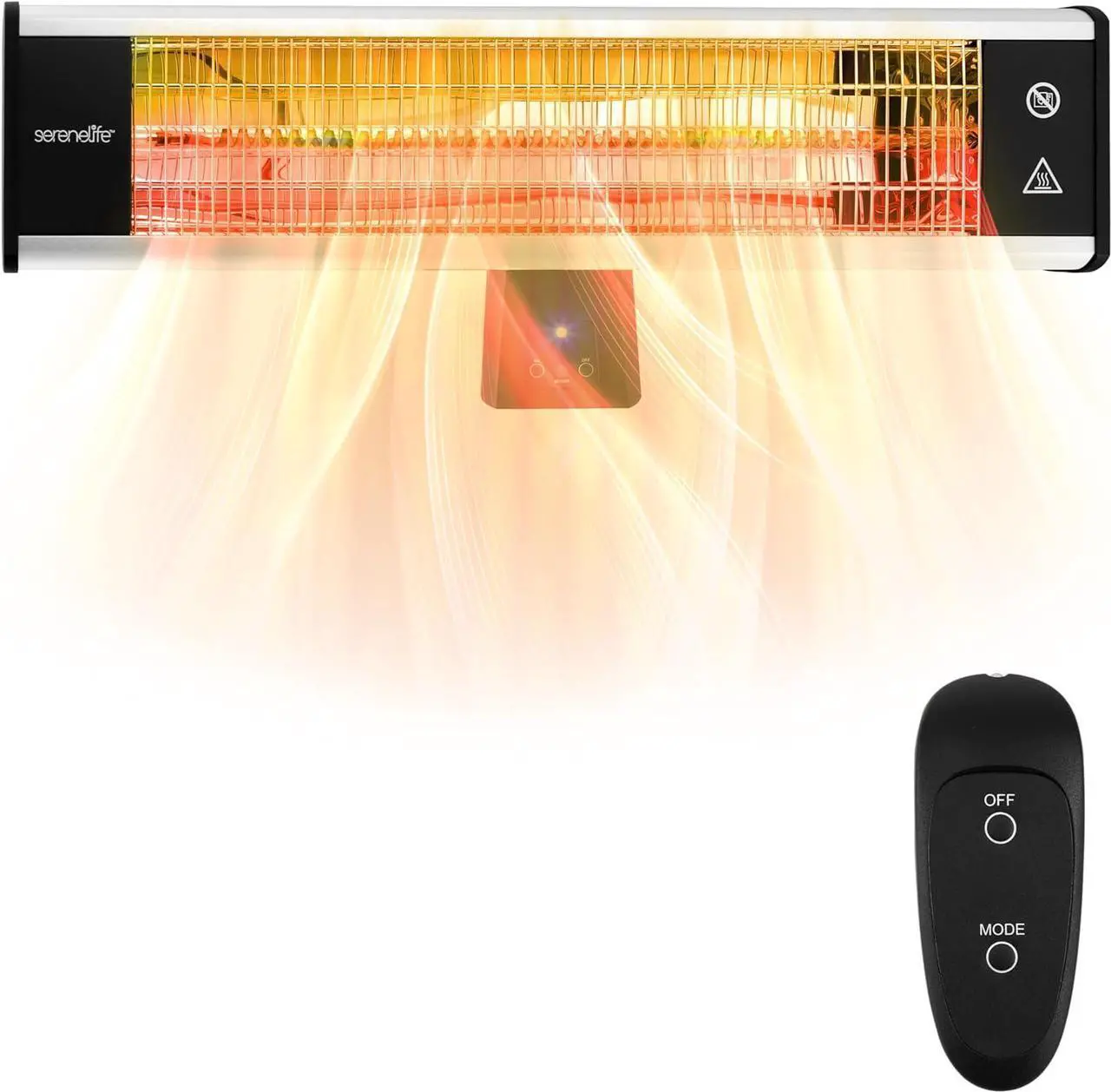 Main image of SereneLife Infrared Outdoor Electric Space Heater, Wall Mounted Heater, 1500 W, Electric Patio Heater w/ Remote Control 26" x 8" for Restaurant, Patio, Backyard, Garage, Decks Black
