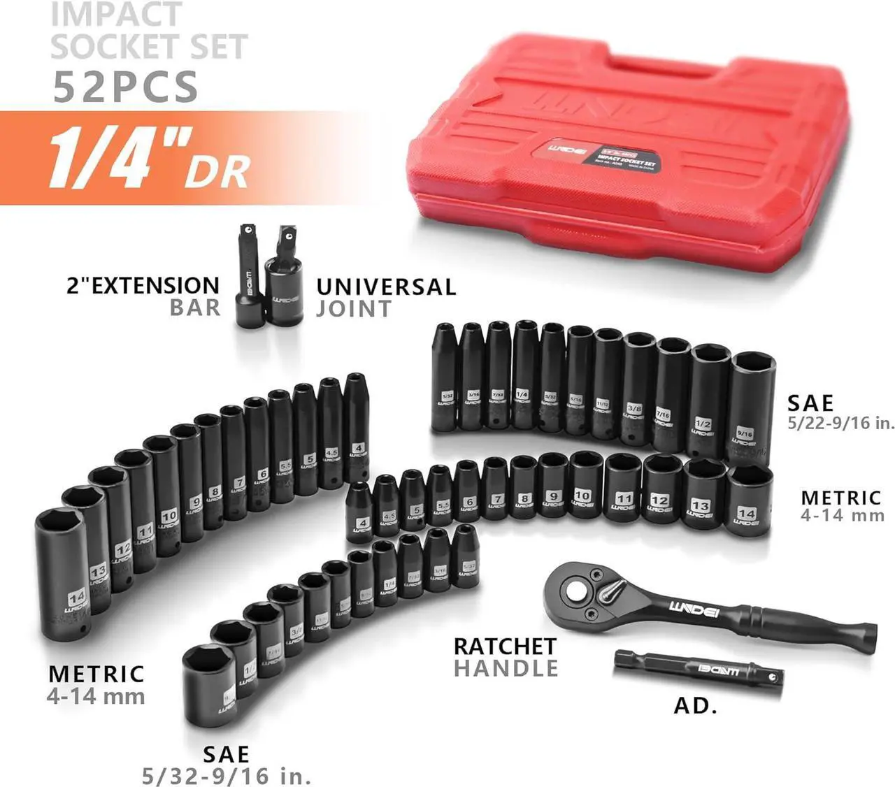 Alt view image 2 of 7 - LLNDEI 1/4Drive Impact Socket Set, 52 PCS Mechanic Tool Set with 72-Tooth Ratchet & Adapter, CR-V, Metric and SAE Sockets Storage Kit for Household Automotive Repair DIY Project