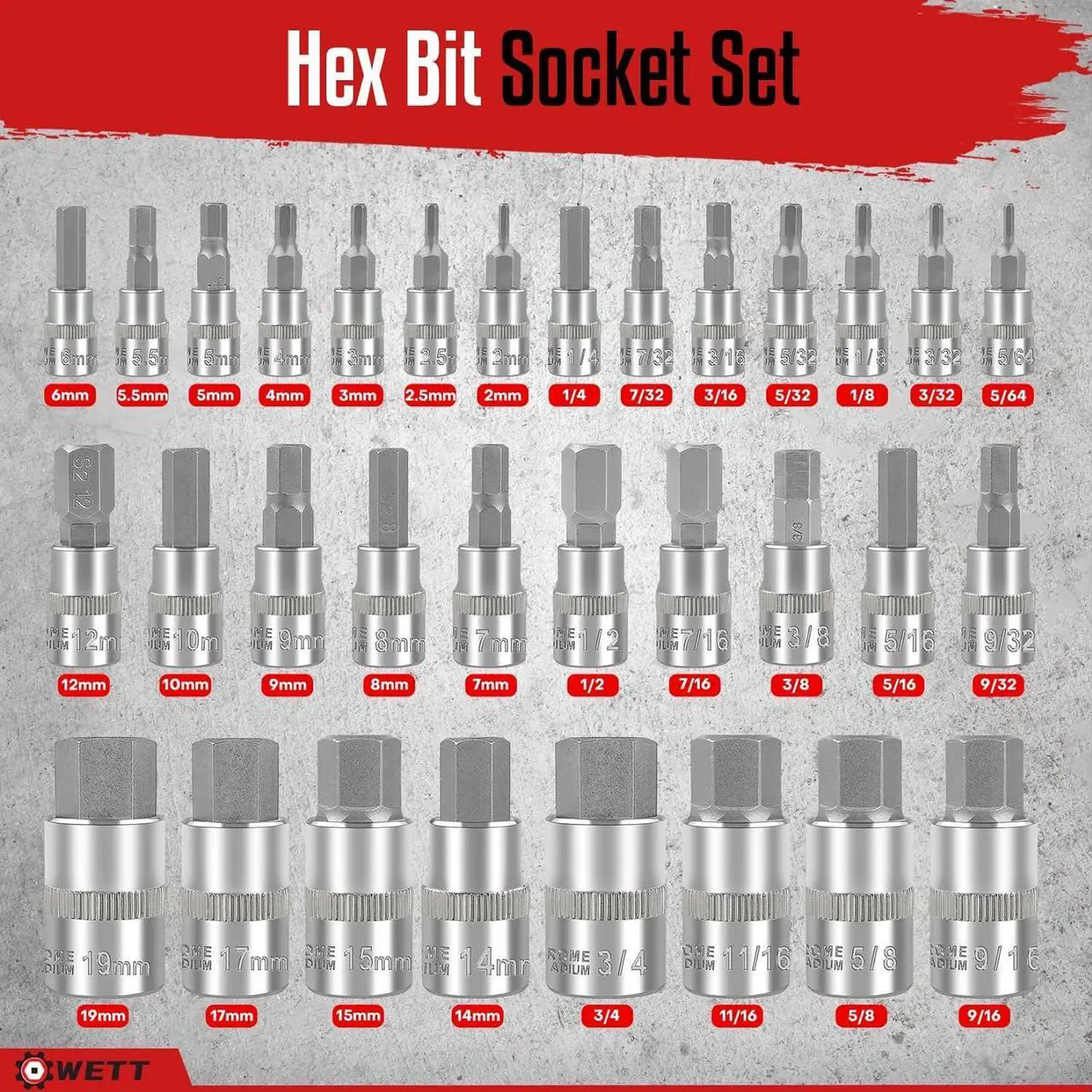 Alt view image 2 of 7 - 32pcs Master Hex Bit Socket Set, Allen Socket Set, 1/4'', 3/8', 1/2'' Hex Drive Sockets, SAE and Metric, 5/64 Inch to 3/4 Inch and 2mm to 19mm, S2 Steel & Cr-V Steel