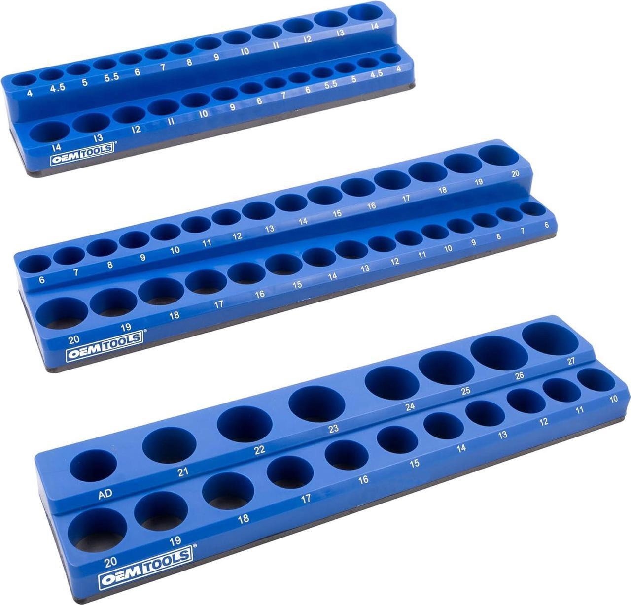 Main image of OEMTOOLS 22486 3 Piece Metric Magnetic Socket Tray Set, Magnetic Socket Organizer Holds Up to 75 Sockets in 1/4", 3/8", and 1/2" Sizes, Blue Magnetic Socket Holders