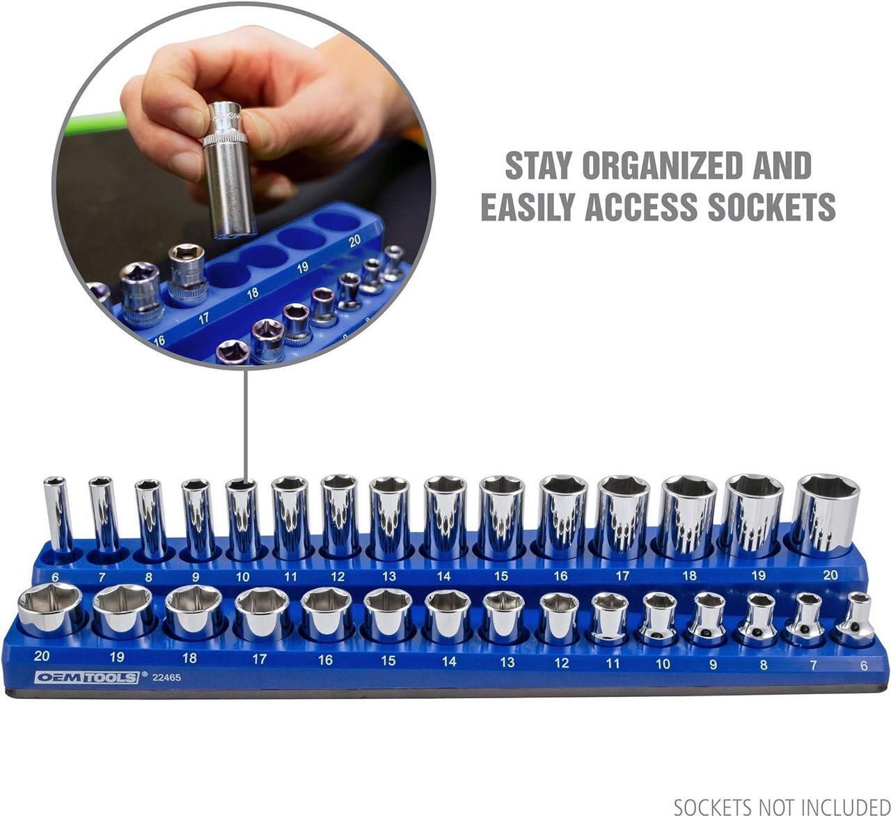 Alt view image 2 of 7 - OEMTOOLS 22486 3 Piece Metric Magnetic Socket Tray Set, Magnetic Socket Organizer Holds Up to 75 Sockets in 1/4", 3/8", and 1/2" Sizes, Blue Magnetic Socket Holders