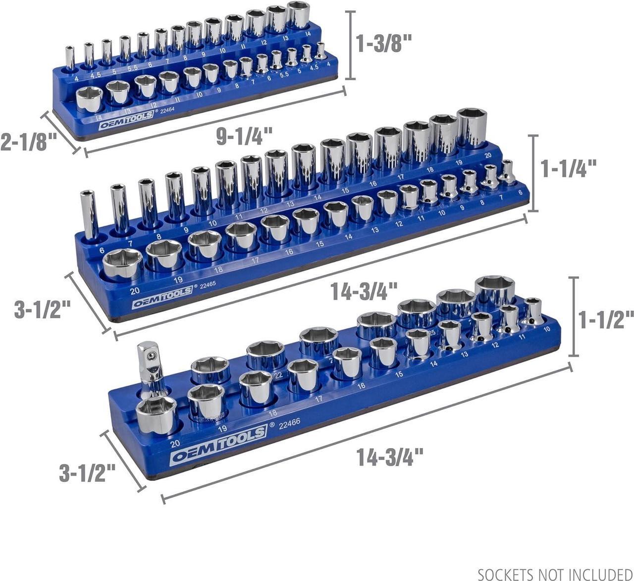 Alt view image 3 of 7 - OEMTOOLS 22486 3 Piece Metric Magnetic Socket Tray Set, Magnetic Socket Organizer Holds Up to 75 Sockets in 1/4", 3/8", and 1/2" Sizes, Blue Magnetic Socket Holders